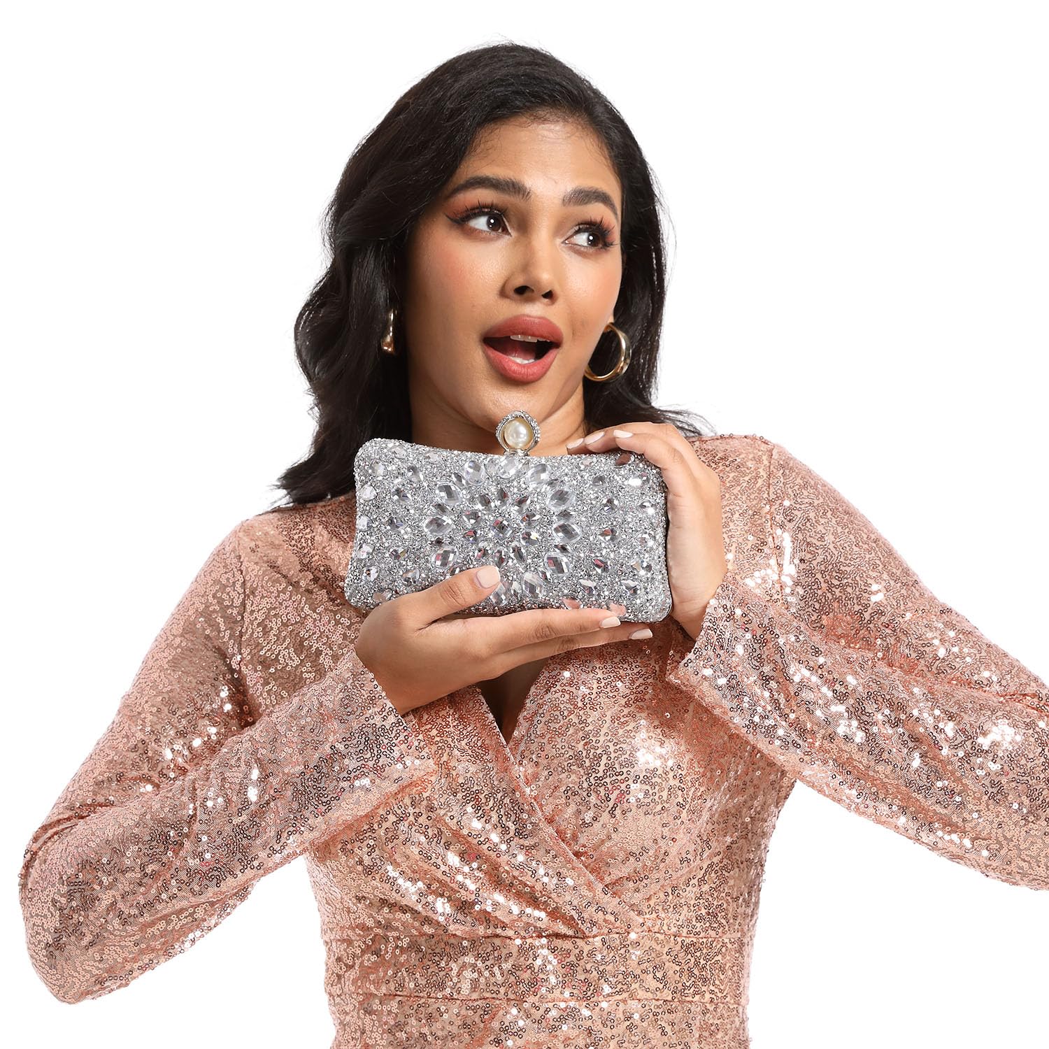 Boutique De FGG Chiusura a Perla Donna Borsa di Cristallo Borse da Sera del Partito con Strass Pochette e Clutch da sposa con diamante, Piccolo