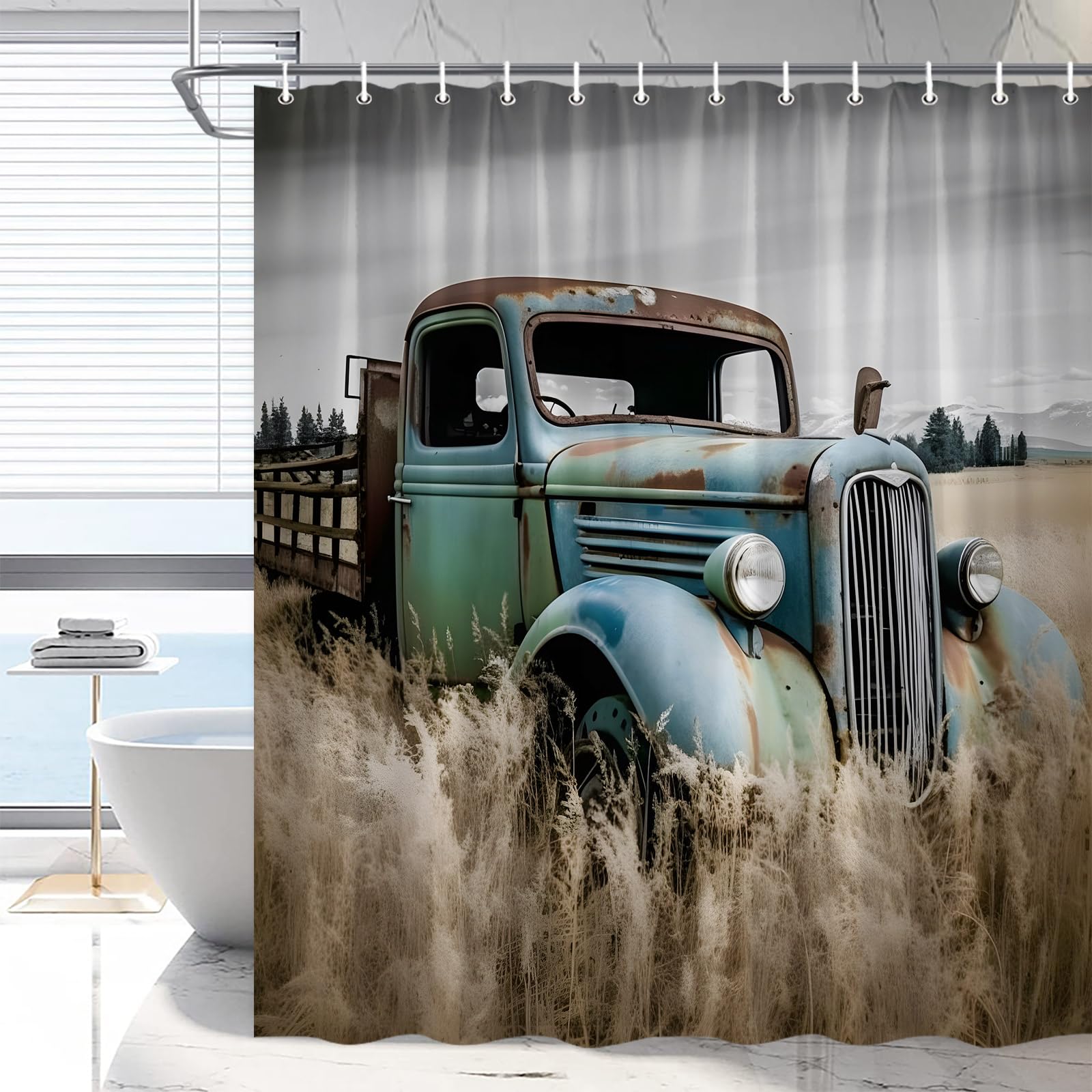 Vintage Farm Truck Shower Curtain Rustic Old Pickup Western Bath Curtains Antique Car Farmhouse Country Retro Bathroom Decor Polyester Fabric Curtains