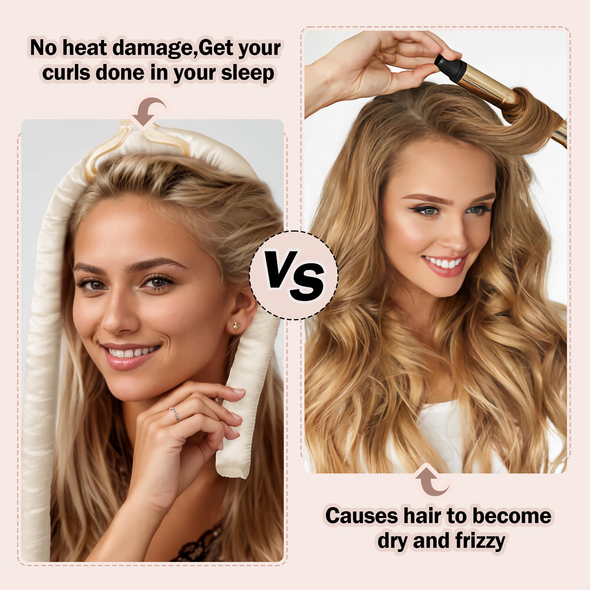 Heatless Hair Curler,Blowout Heatless Curls Overnight,No Heat Curling Rod Set with Satin Bonnet for Sleep in,Champagne