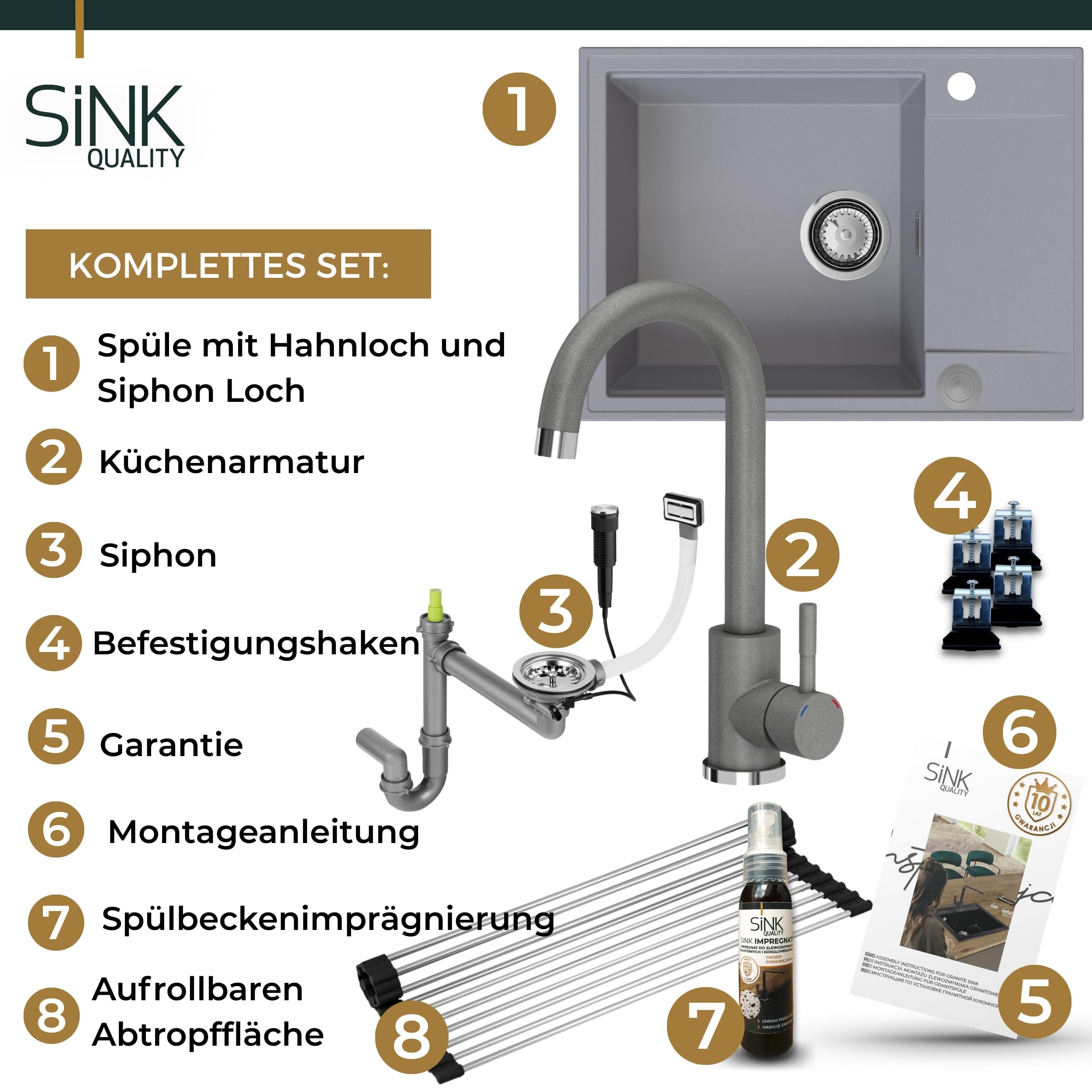SINK QUALITY zlewozmywak szary z zestawem armatury 62x46 cm - Zlewozmywak z kranem, syfon PUSH, ociekacz, środek impregnujący - Kompletny zestaw zlewozmywaka kuchennego do szafki dolnej 55