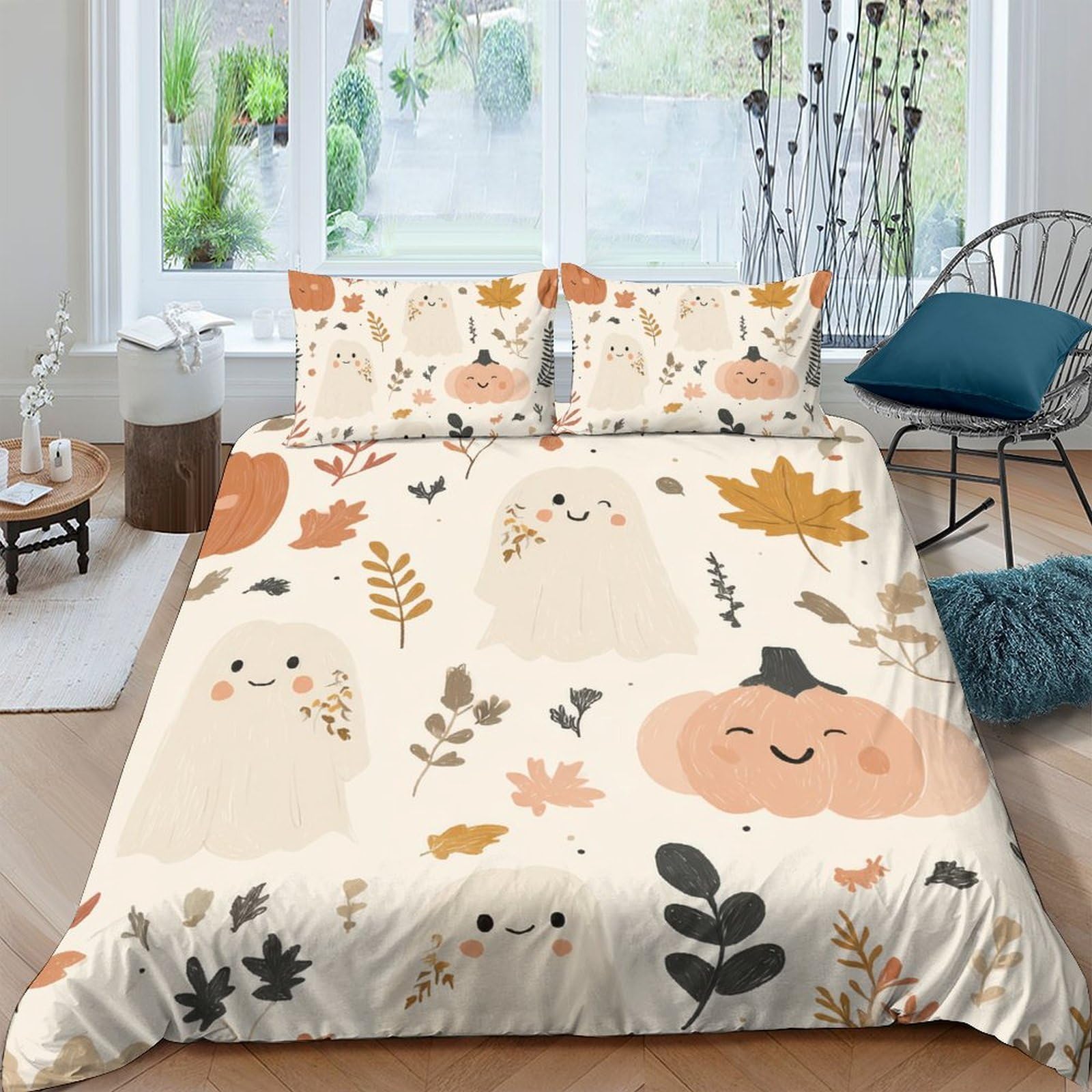 GPLZQXKJNH 3D Printed Cute Ghost Pumpkin Duvet Cover Set Microfiber Autumn Leaves Bedding with 2 Pillowcases for Bedroom Decor Single（135x200cm）