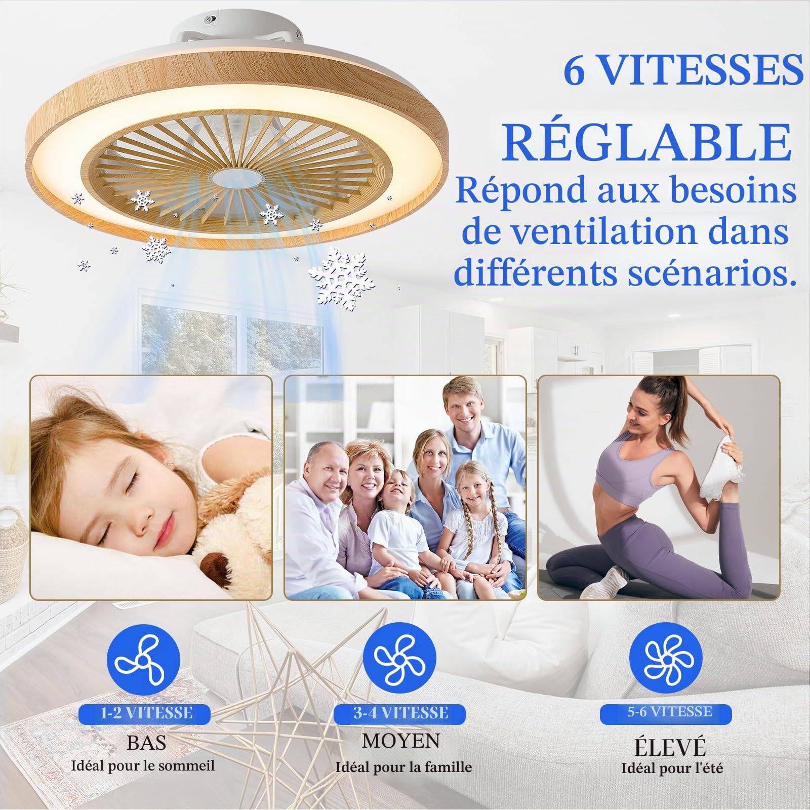 50CM Moderne Bois Plafonnier Ventilateur Avec Telecommande/APP LED Dimmable, Moteur DC Réversible 6 Vitesses Lampe Ventilateur Plafond Pour Chambre/Salon Réversible Eté Hiver