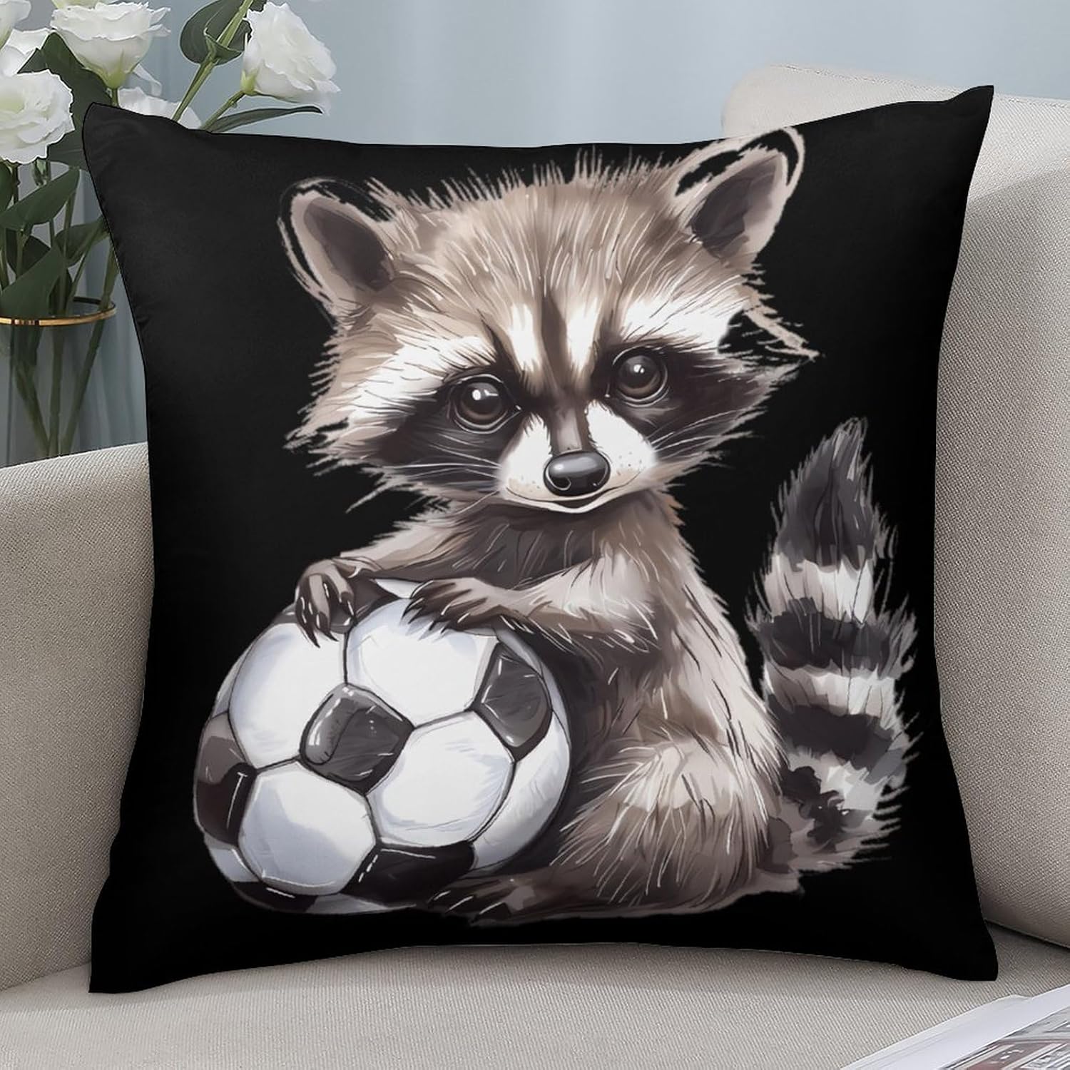 Raccoon with Soccer Printed Throw Pillow Case 4 Pcs Soft Pillowcases Pillows Covers Sofa Bed Decor 12/14/16/17/18/20/22/24/32 Inches
