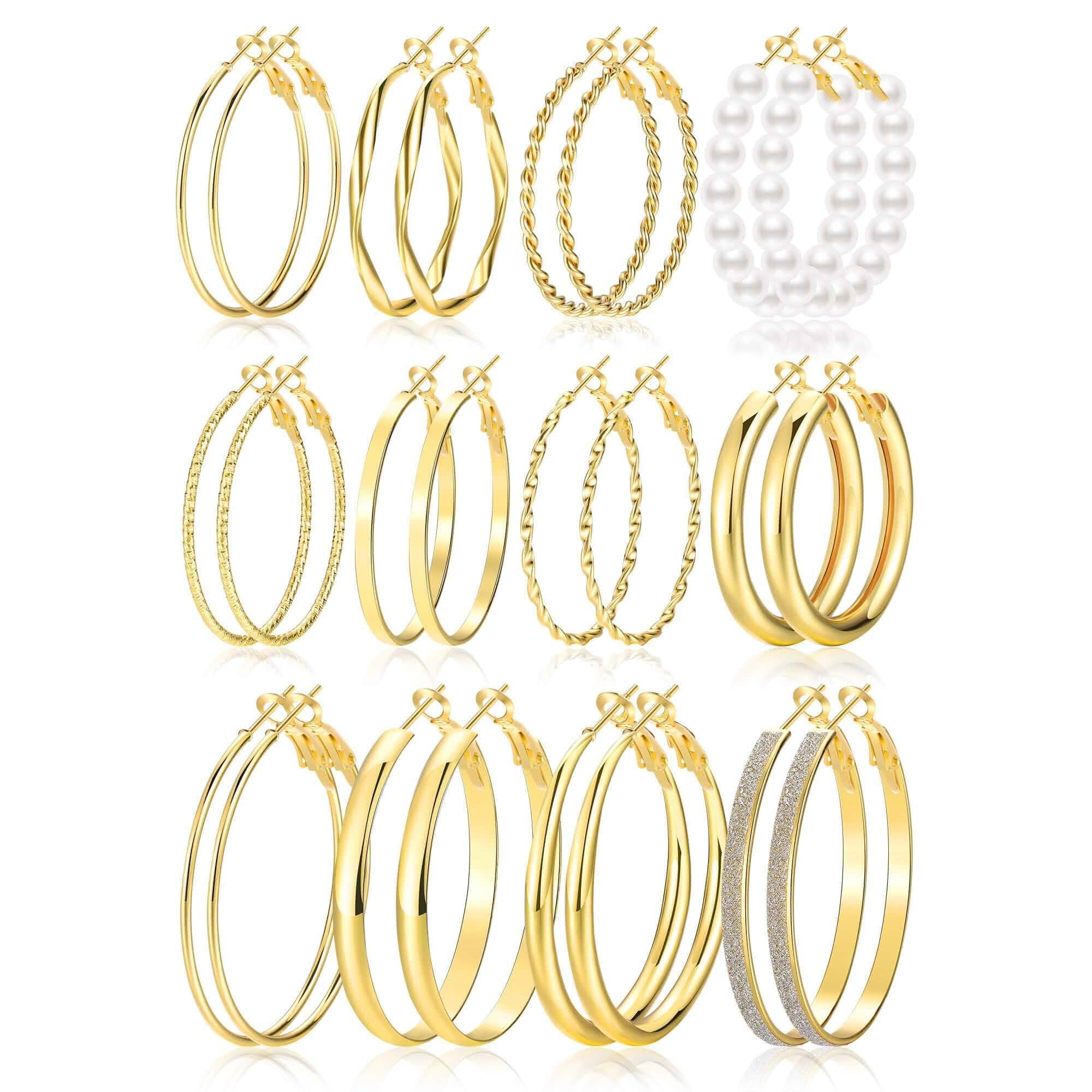 12 Pairs Gold Hoop Earrings Set for Women，Fashion Jewelry Gifts 40mm/50mm Large/Big, Trendy, Pearl, Multiple Styles, lightweight, 14K Gold-plated, Hypoallergenic, Great for Party/Gathering/Work/Daily