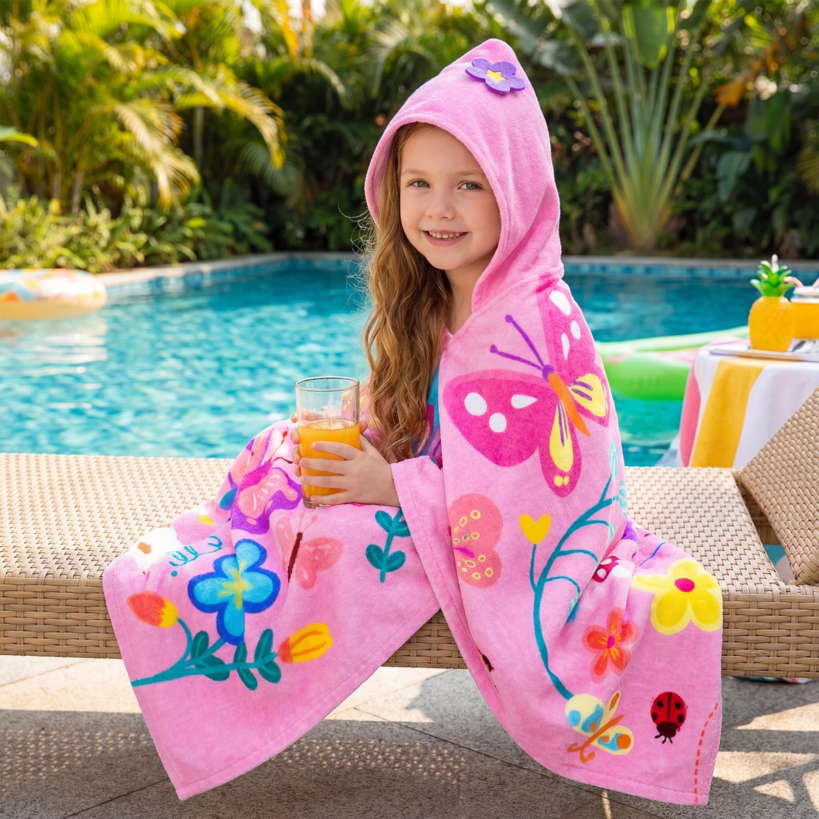 Pinksheep Hooded Bath Towel for Girls Age 3-10,100% Cotton Butterfly Toddler Towel with Snap Buttons,Super Soft and Absorbent Kids Beach & Swim Towel 30x50 Inches - 2