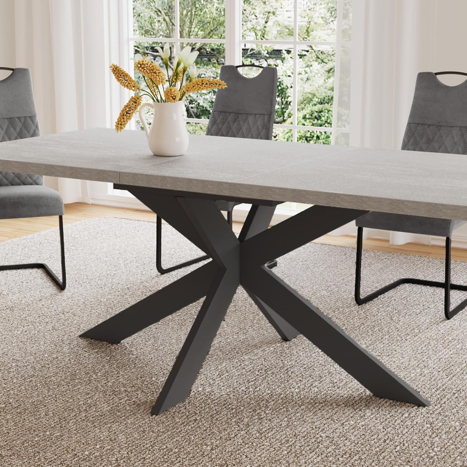 Table à Manger Extensible + 4 Chaises – Bois MDF Gris, Plateau 130-200 Cm, Pour 4 à 6 Personnes