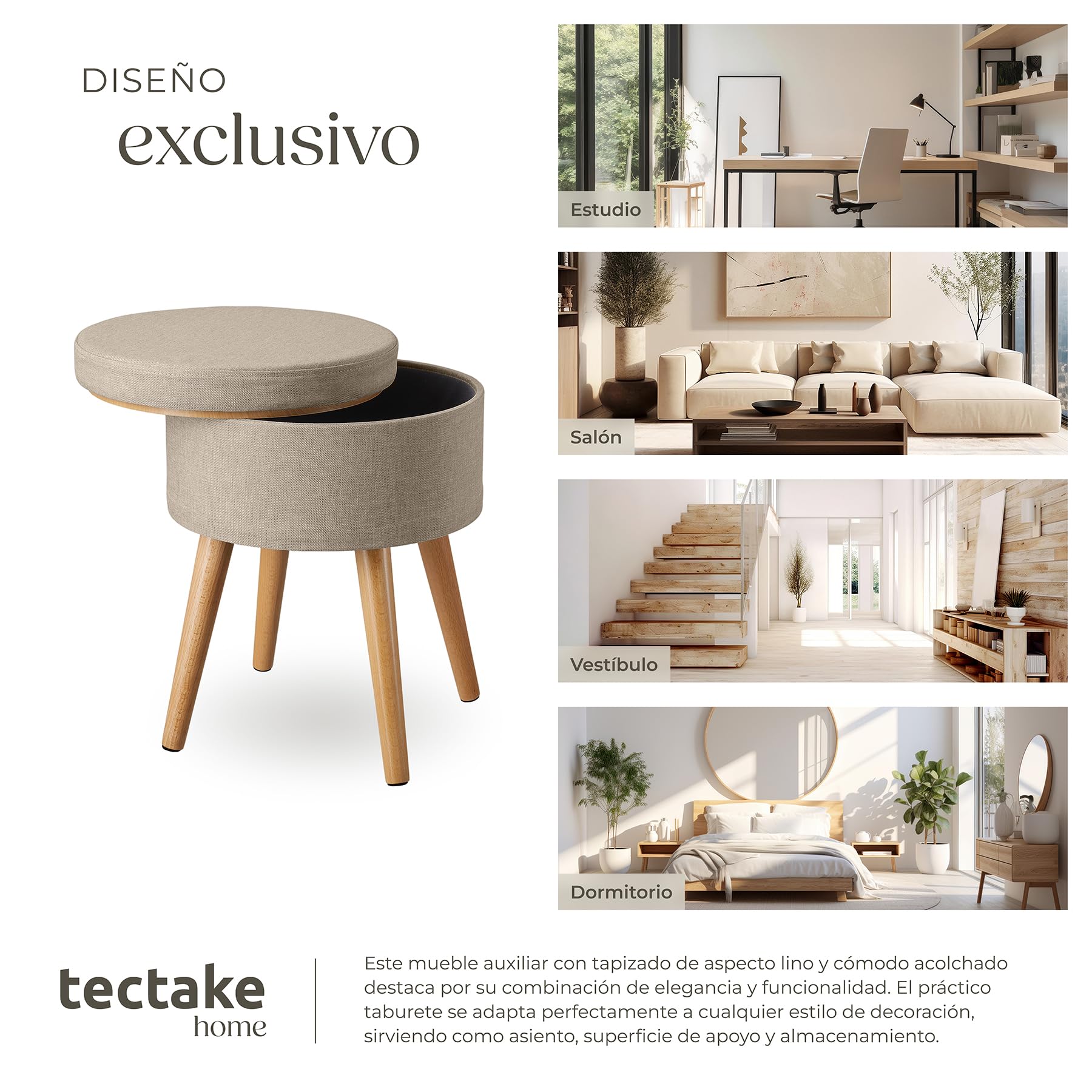 Tectake Puff Almacenaje Dormitorio con Asiento Acolchado Estructura Plegable Banco Taburete 42,5x42,5x45,5 cm Arena