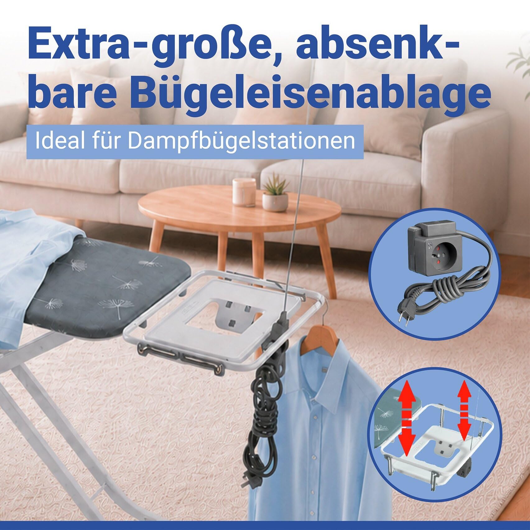 WENKO XXL Bügelbrett für Dampfbügelstation & Dampfbügeleisen, standfest | Bügeltisch 130 x 48 cm, TÜV/GS, höhenverstellbar, mit Steckdose, absenkbare Ablage & Polsterung, weiß/grau, Mod. Professional