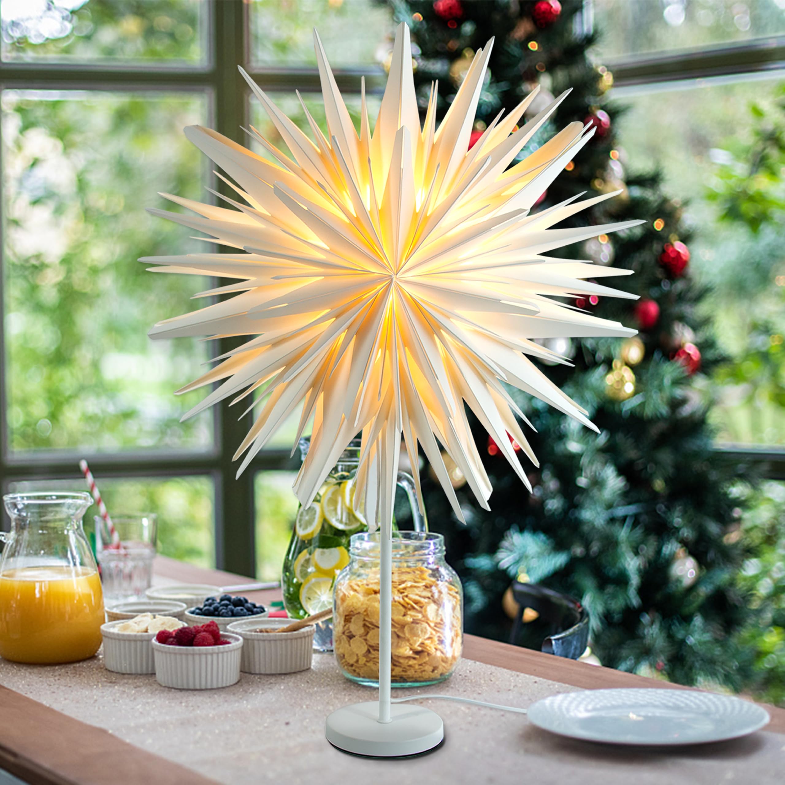 Stehender Weihnachtsstern Beleuchtet - LED Papierstern Weihnachten Tischlampe für Weihnachtsdeko Innen Fenster， Leuchtsterne Deko, Weihnachtsbeleuchtung Lichterkette, Weiß