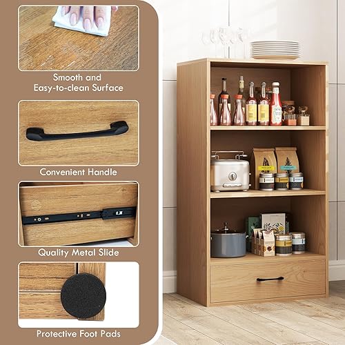 Miniatura 7 de GOFLAME Estantería de 4 niveles con cajón de almacenamiento, moderna estantería alta con 3 estantes abiertos, estantería de almacenamiento