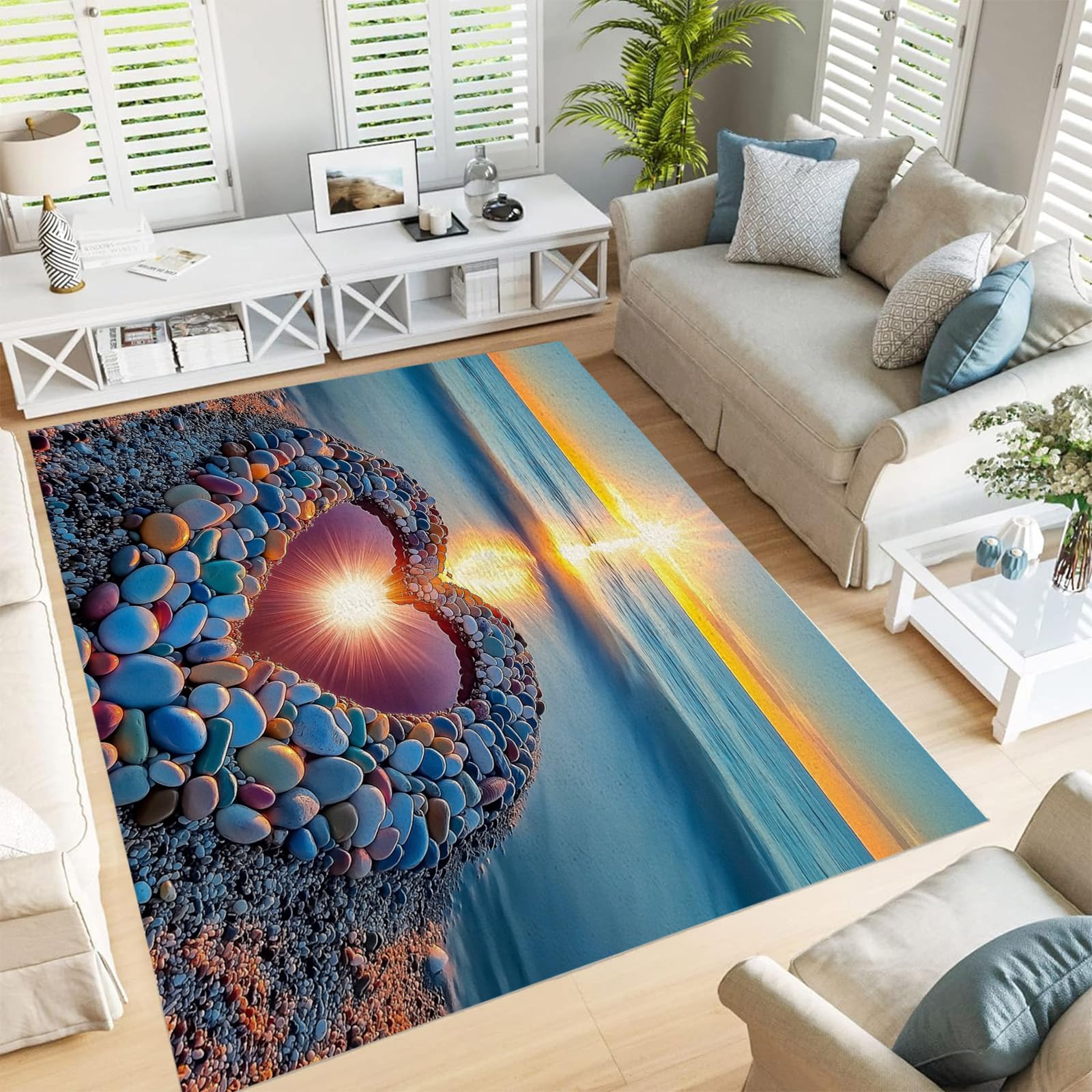 Tapis poil court léger et ultra résistant au design moderne de galets marins colorés