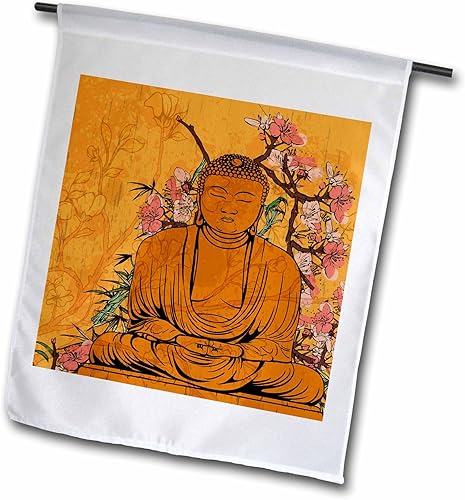 Miniatura 2 de 3dRose Fl_116366_1 - Estatua de Buda con preciosas flores de Sakura japonesas rosas inspiradas en Asia Bandera de jardín, 12 x 18 pulgadas