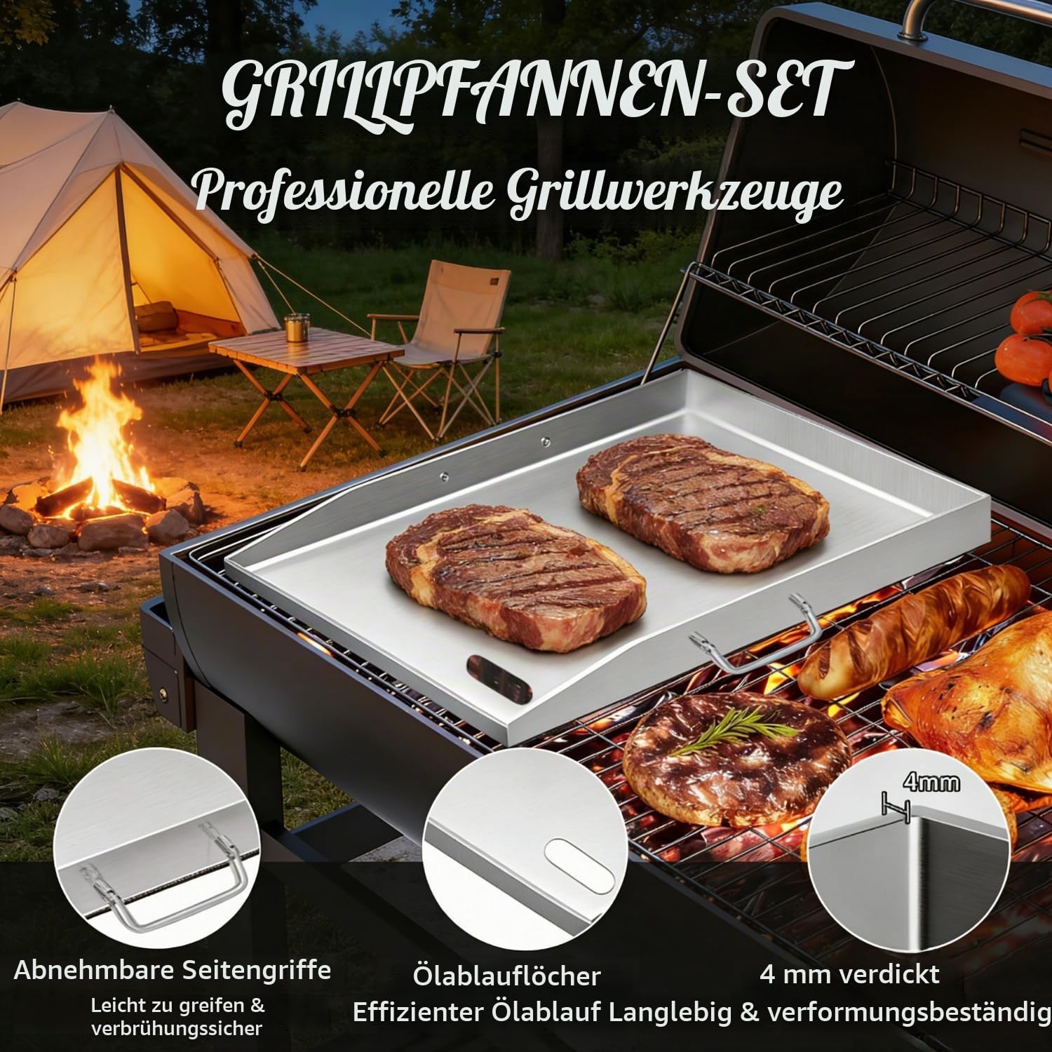 Grillplatte 40x30cm aus Edelstahl 304 mit Grillspachtel Set | Robuste 4mm Edelstahlplatte für Grill, Feuerstelle und Herd.Inklusive praktischem Zubehör für vielseitige Nutzung