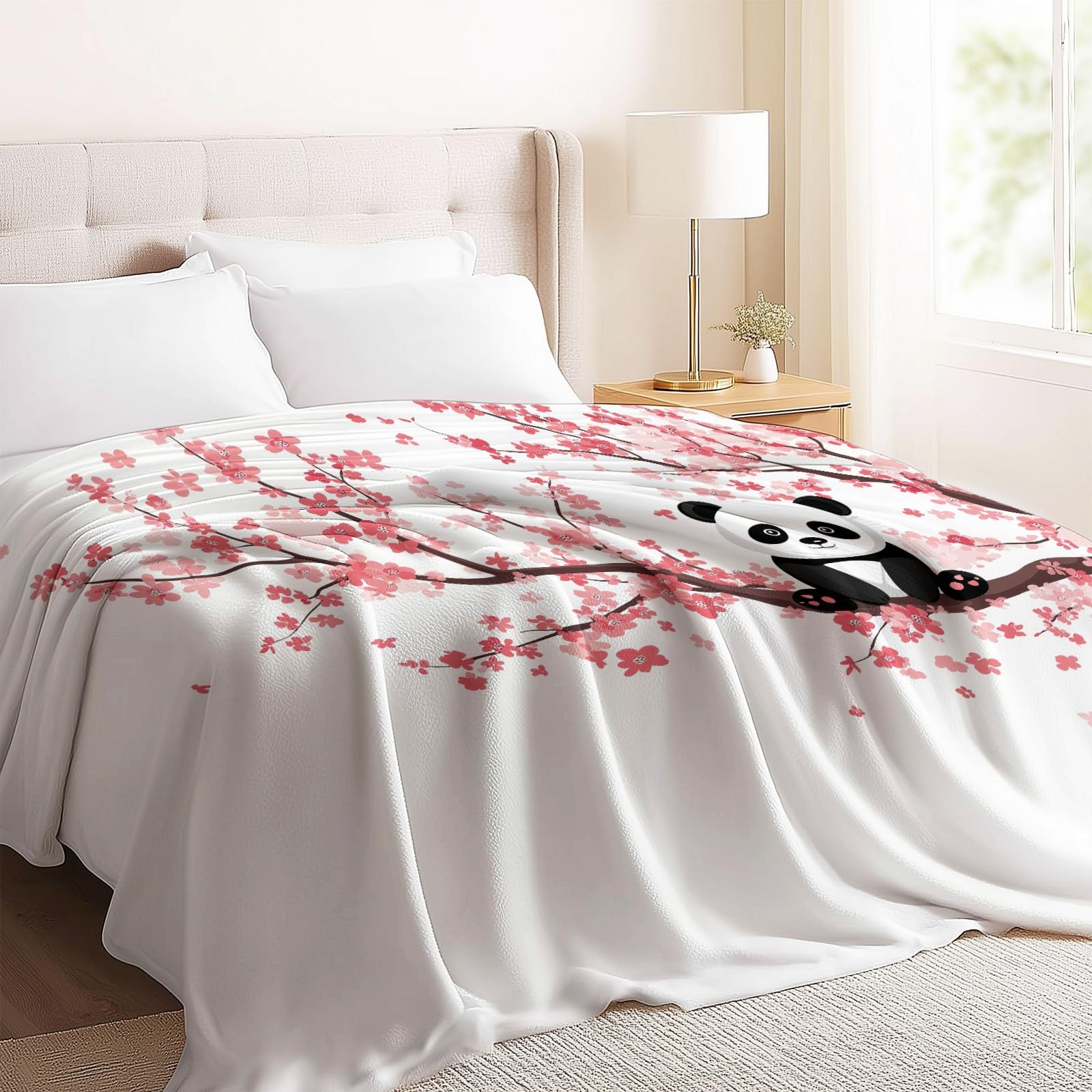 Bianco Coperta in Pile di Flanella 200 x 220 cm – Minimalista Panda Fiori Morbida e Accogliente, Plaid Stampato per Divano Letto o Viaggio