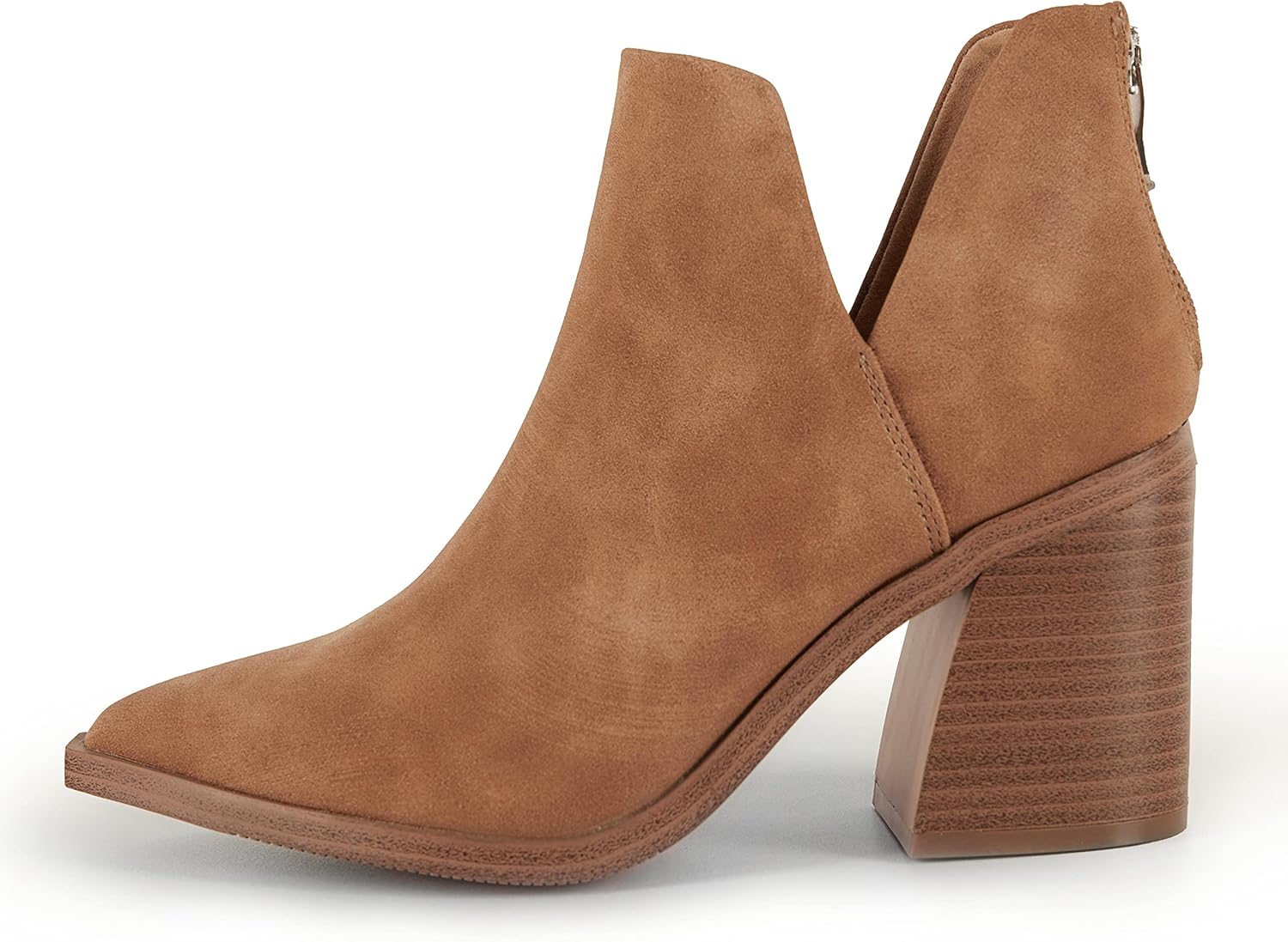 Kathemoi Womens Slip on Ankle Boots V Cutout Pointed Toe Chunky Stacked Mid Heel Booties - Image 3