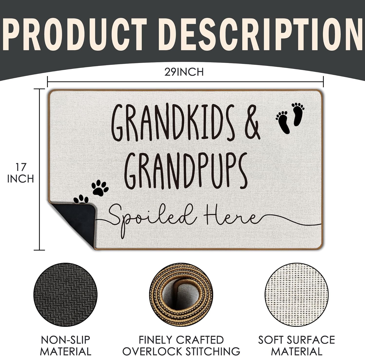 Grandkids and Grandpups Spoiled Here Door Mat, Best Grandparents Gifts from Grandkids Welcome Doormat, Dog Grandparents Grandma Grandpa Gifts Front Door Mat Indoor Outside Entrance, 17x29 Inch