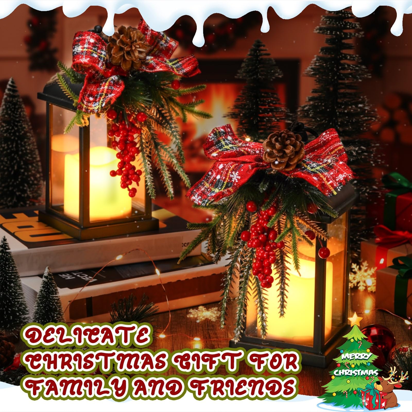 2 lanterne decorative natalizie da 25,4 cm, con LED tremolante, senza fiamma, motivo scozzese, fiocco, bacche, decorazioni da appendere per veranda, tavolo, centrotavola, decorazioni per feste