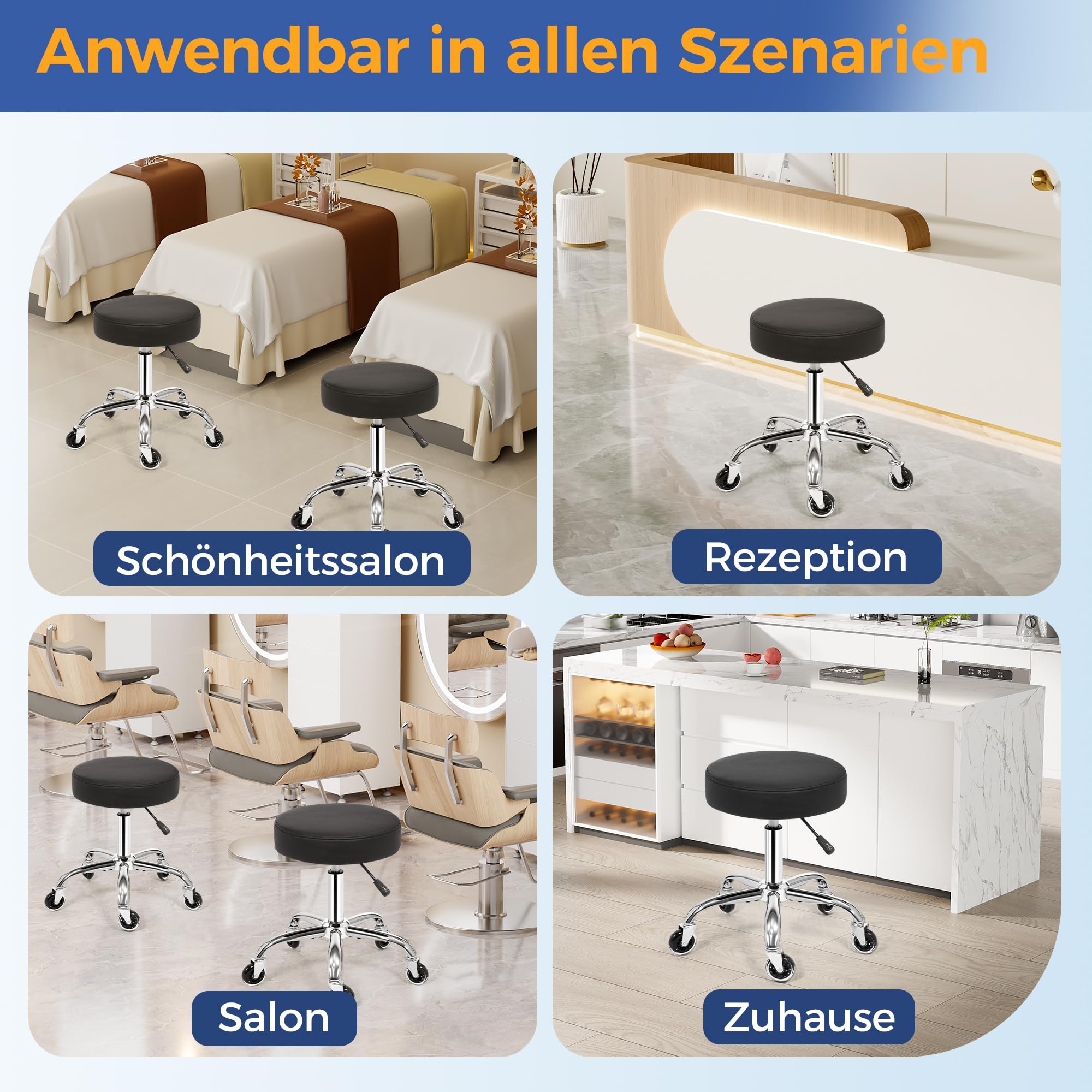 ANWBROAD Rollhocker höhenverstellbar mit Rollen 360° Drehhocker Hocker, Arbeitshocker bis 205 kg belastbar PU-Sitzpolsterung für Salon Spa, Haushalt und Kliniken Schwarz WSC001B