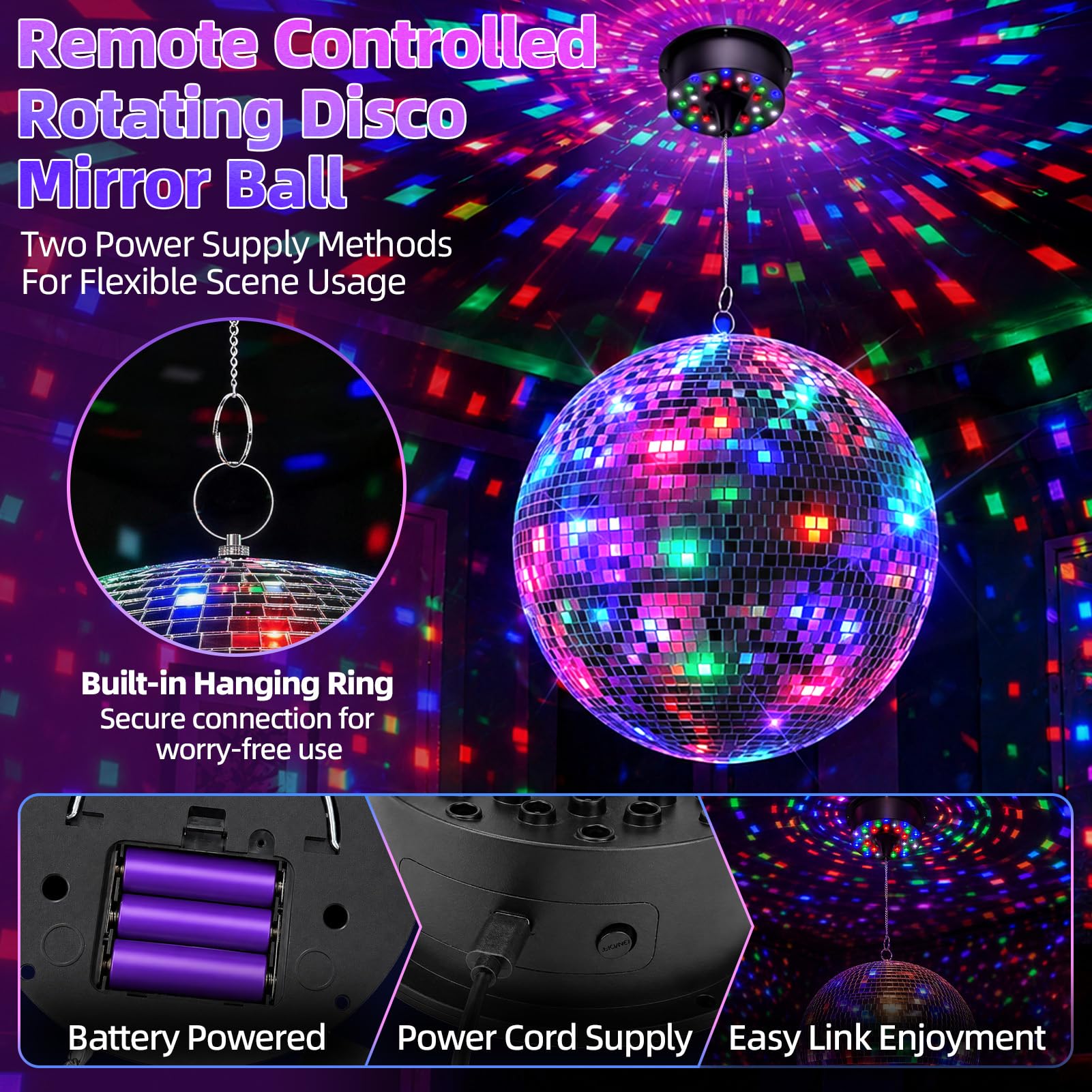 Bola de discoteca de 16 pulgadas con motor giratorio, 1-20 rpm
