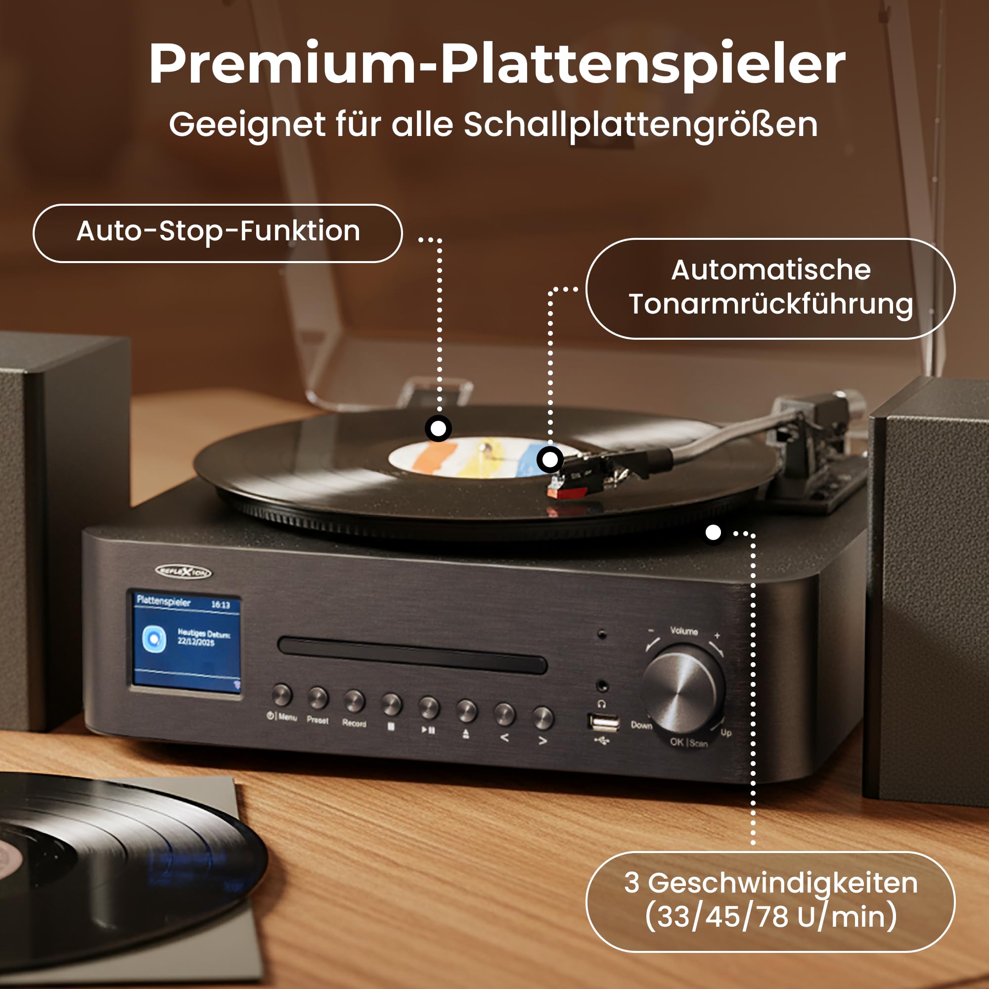 Reflexion Plattenspieler mit Lautsprecher & WLAN | Retro HiFi Anlage mit DAB+, Internetradio, Bluetooth, CD, USB-MP3 Aufnahme, Farbdisplay, Wecker & Sleep-Timer – Komplettsystem inkl. Fernbedienung