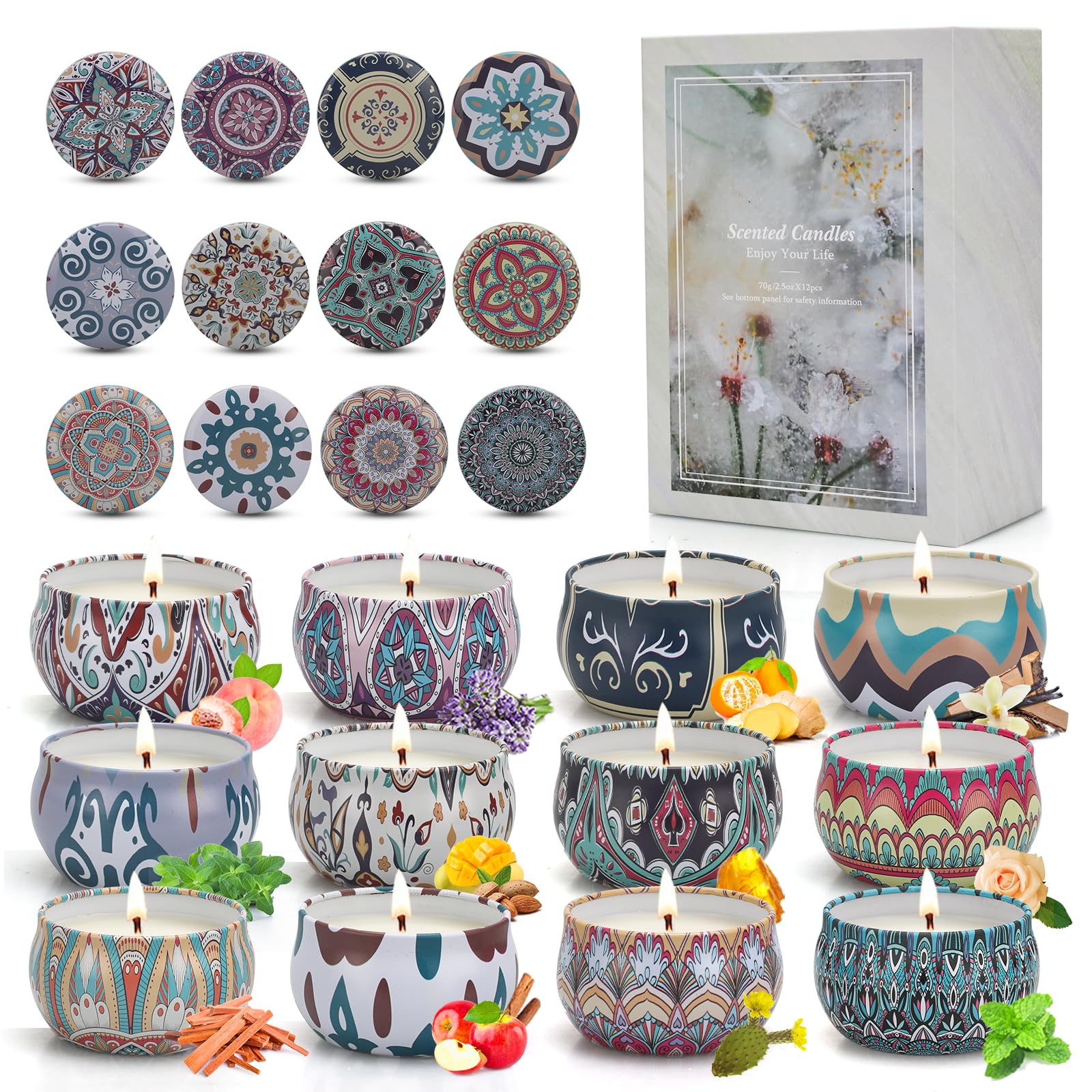 YINUO LIGHT Duftkerzen, 12 Duftkerzen Set,Duftkerzen Geschenkset für Frauen, Tragbare Reisekerzen,für Jahrestag, Badezimmer, Yoga, Entspannung,Bad,Valentinstag