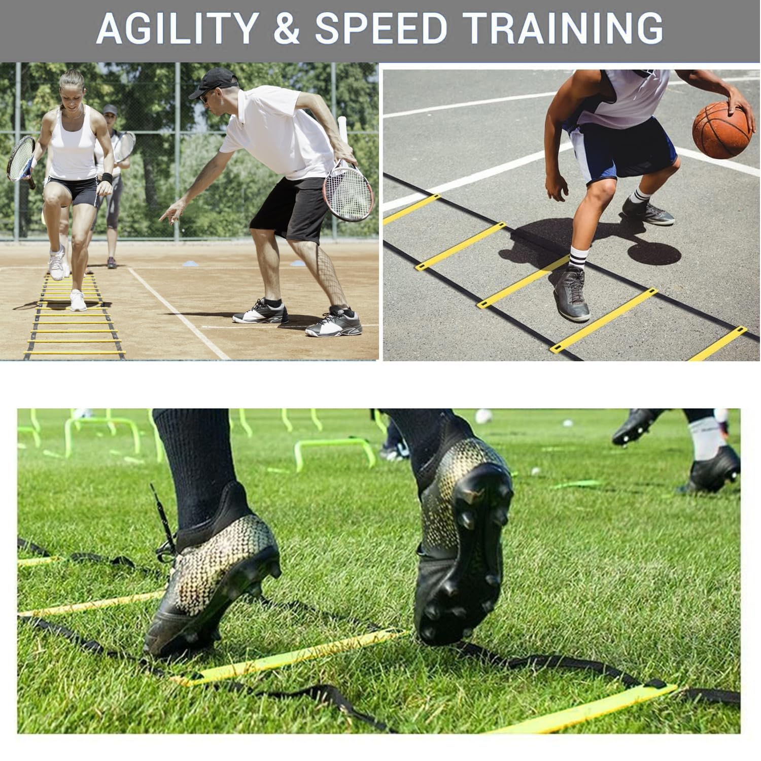 OYE Set di attrezzature da allenamento per calcio, scala in plastica pesante da 6 m - 10 coni a disco, 4 chiodi e 1 borsa portatile, scala per allenamento, scala per esercizi di calcio, tennis