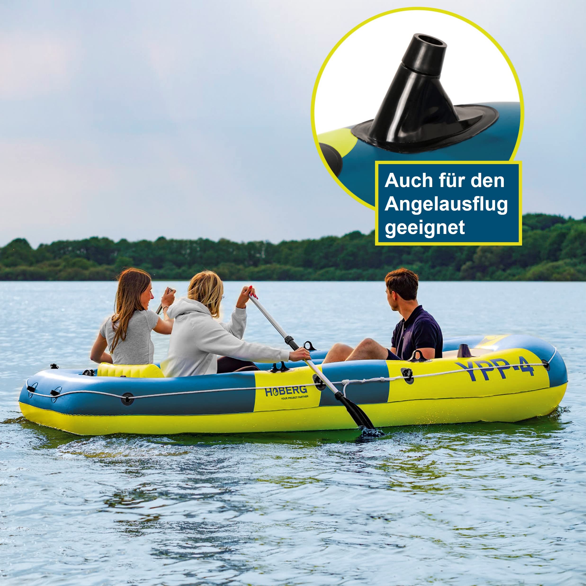 Hoberg Schlauchboot 4-Sitzer YPP-4" | Für 4 Personen | Maße 322 x 165 cm & bis 360 kg belastbar | Mit 2 Sitzbänken, 2 Paddeln, Pumpe, Reparatur-Kit, 2 Angelhalterungen & weiterem Zubehör [Blau/Gelb]
