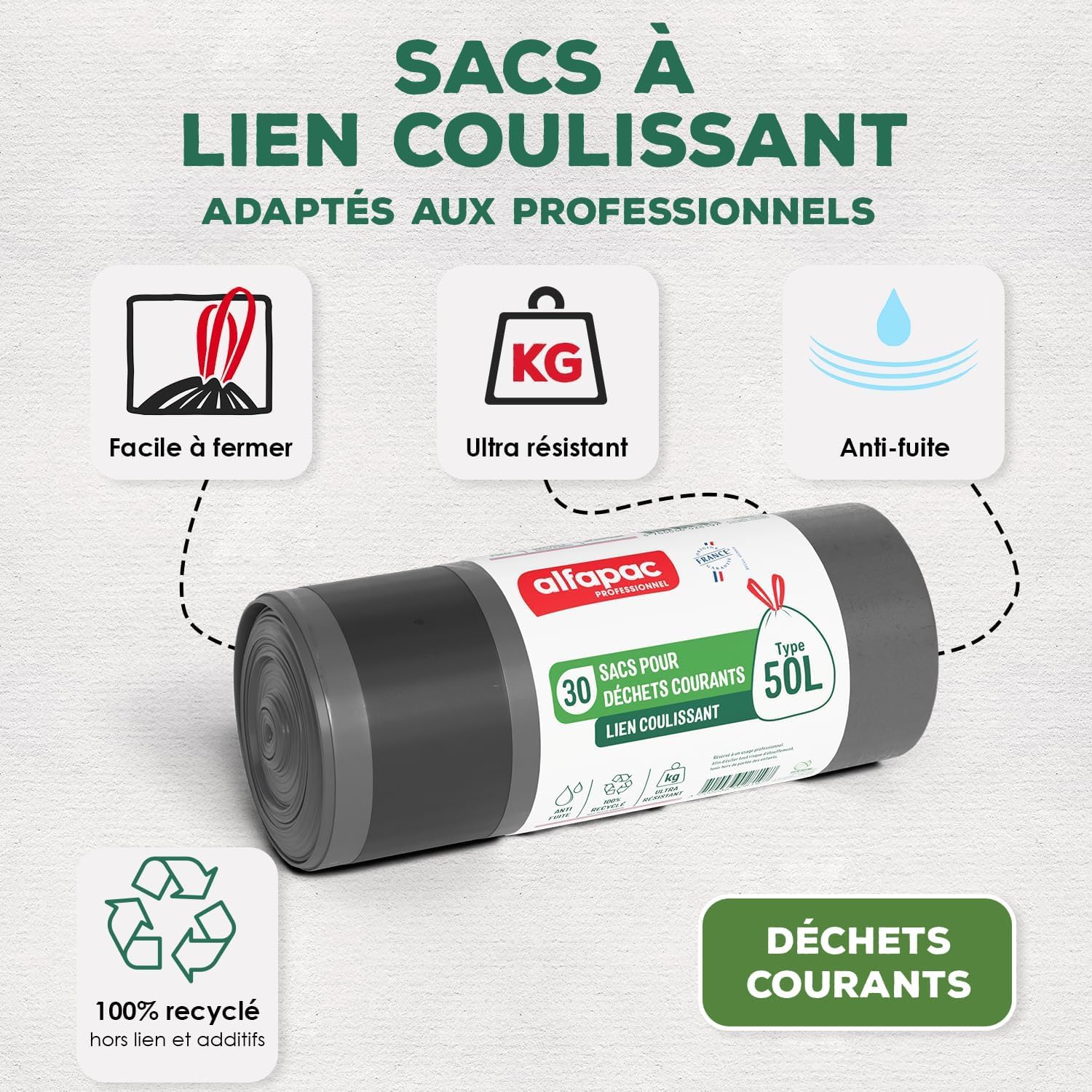 Alfapac professionnel - Carton de 390 sacs-poubelle 50L à lien coulissant - Ultra résistant - Etanche - 13 rouleaux de 30 sacs - Pour déchets courants