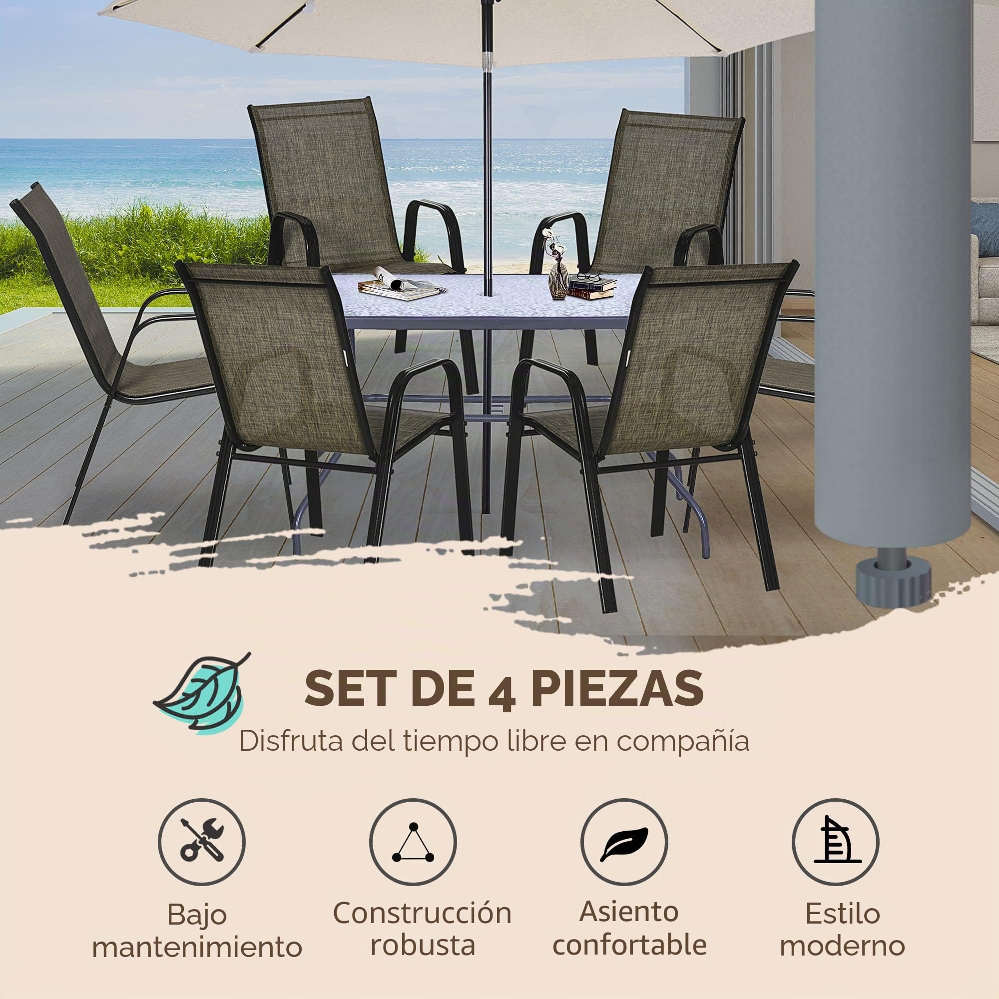 Outsunny Juego de 6 Sillas de Jardín Apilables para Ahorrar Espacio, Sillas de Exterior con Reposabrazos Metálicos y Tejido Transpirable, Marrón