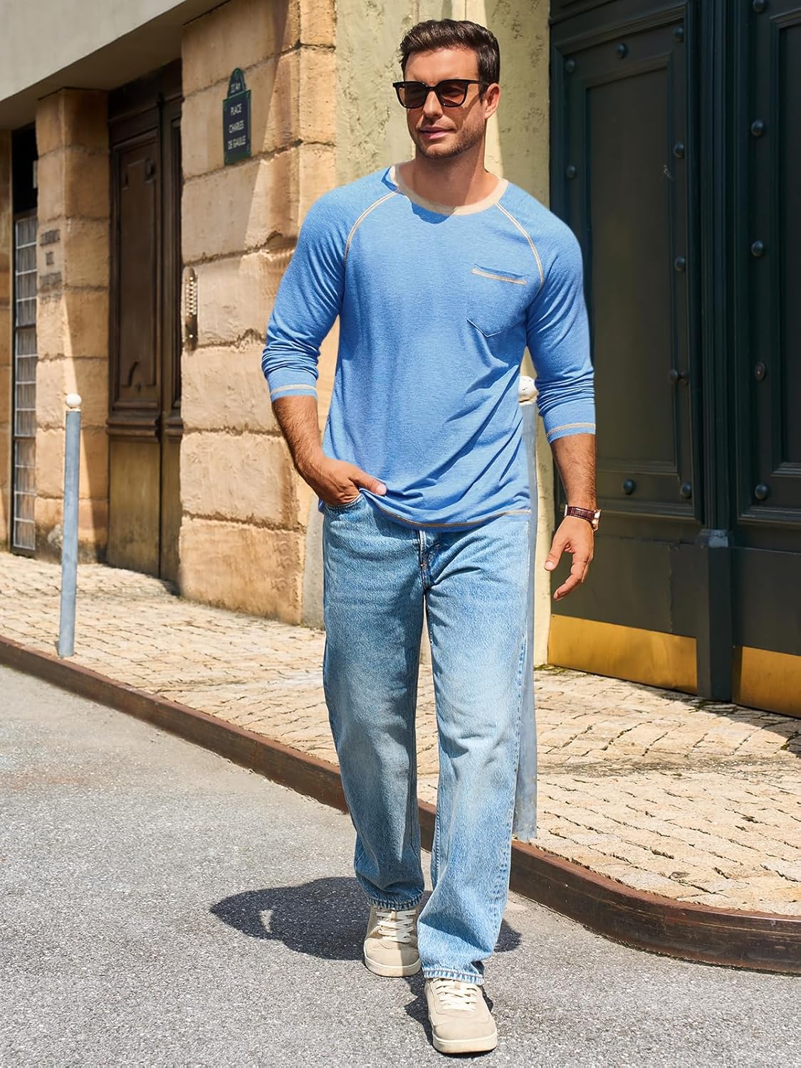 Runcati Mens Long Sleeve T-Shirt Casual Crewneck Shirts Basic Lightweight Vintage Tee Tops with Pocket - Image 5