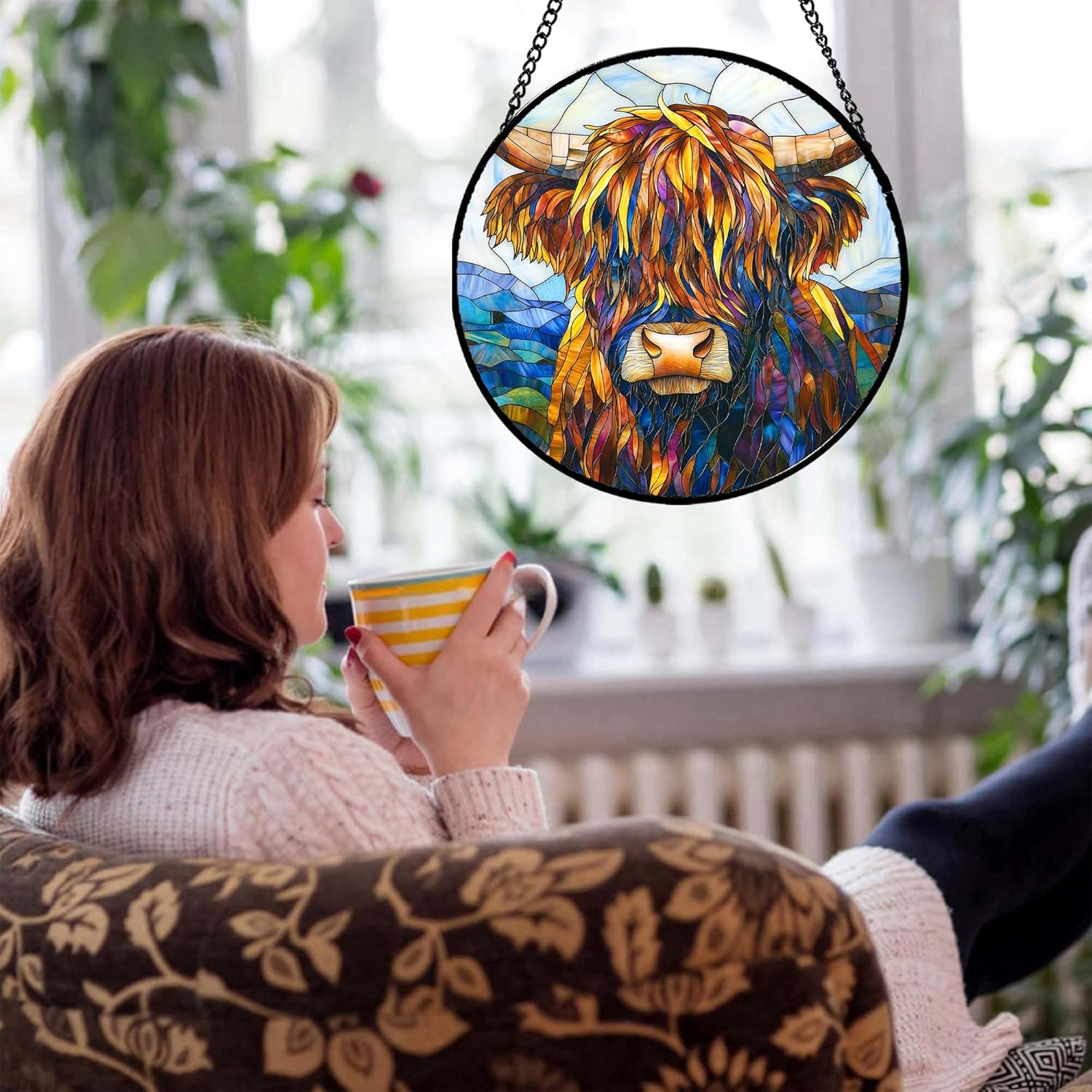 Stained Glass Window Hanging - Highland Cattle Suncatcher for Door Terrace Garden Home Decor Western Style Brown Cow Sun Catcher Birthday Gifts for Lovers Women Men Dad Mom Nana 15 in