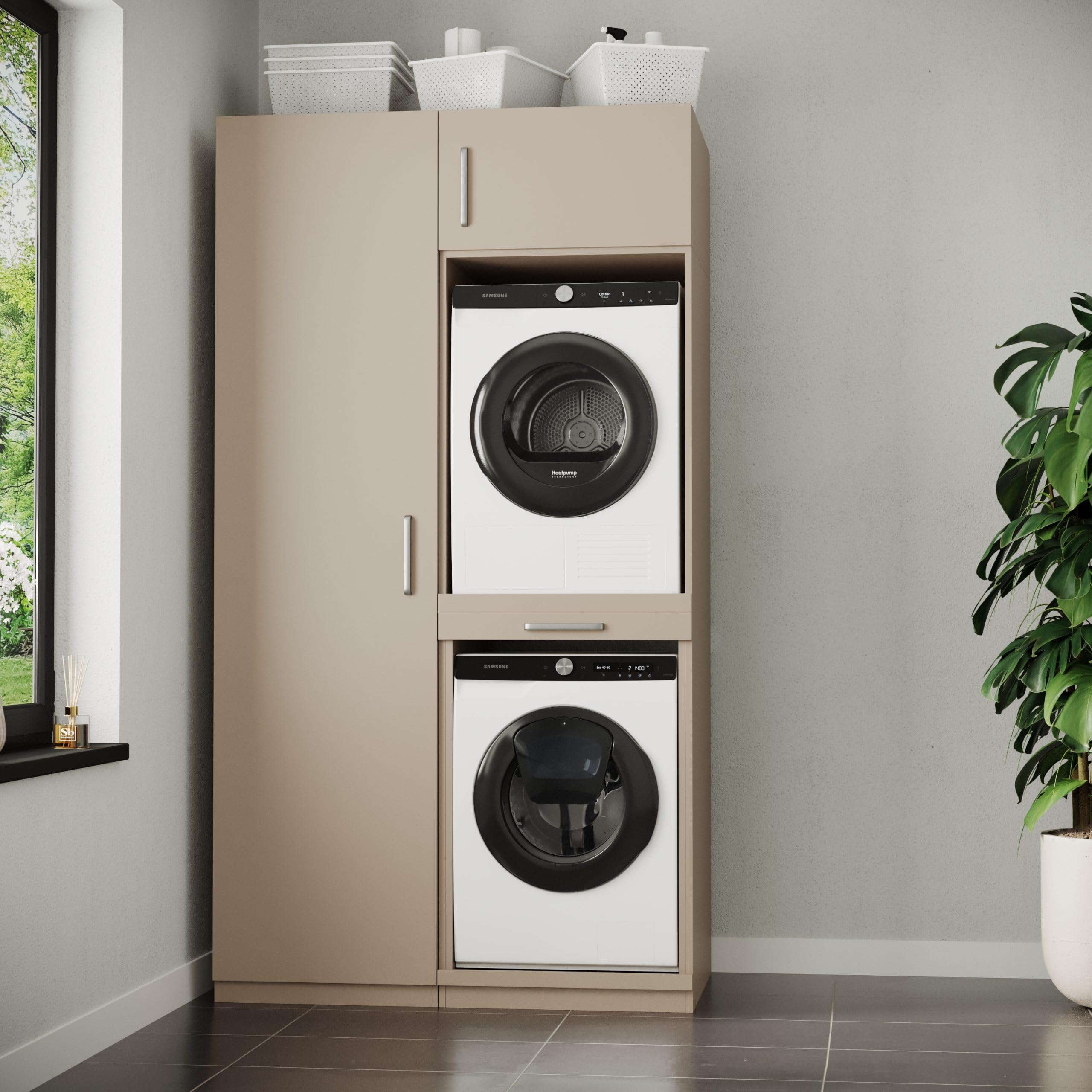 Lavadora Gabinete Paris - Lavadora elevadora - Conversión a máquina - 700(D)*1265(B)*2350(H) mm - Gris pardo - Diseño ergonómico y elegante, que ahorra espacio y es fácil de colocar