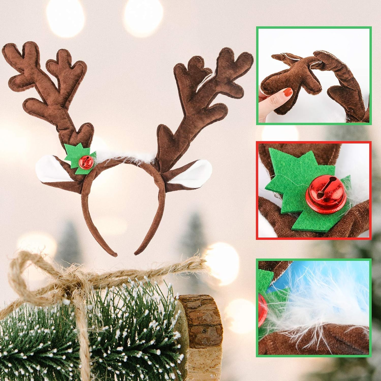 Reindeer Antlers Headband, 2PCS Deer Antlers with Bells Cute Christmas Reindeer Ears (brown orange) - Image 4
