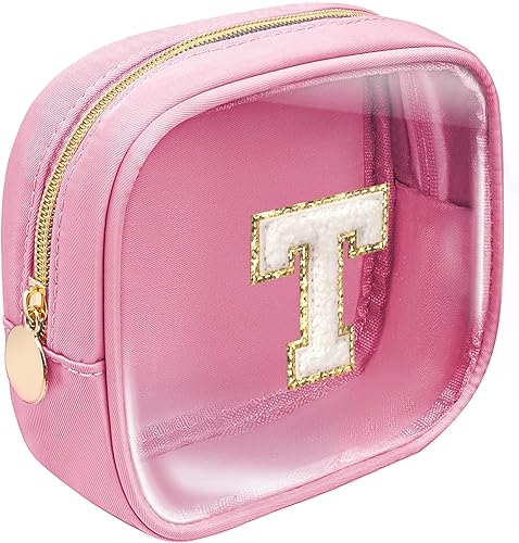 Miniatura 1 de Bolsa de maquillaje transparente grande con letra inicial personalizada, bolsa de maquillaje de nailon con parche preppy de chenilla, letra A-Z,