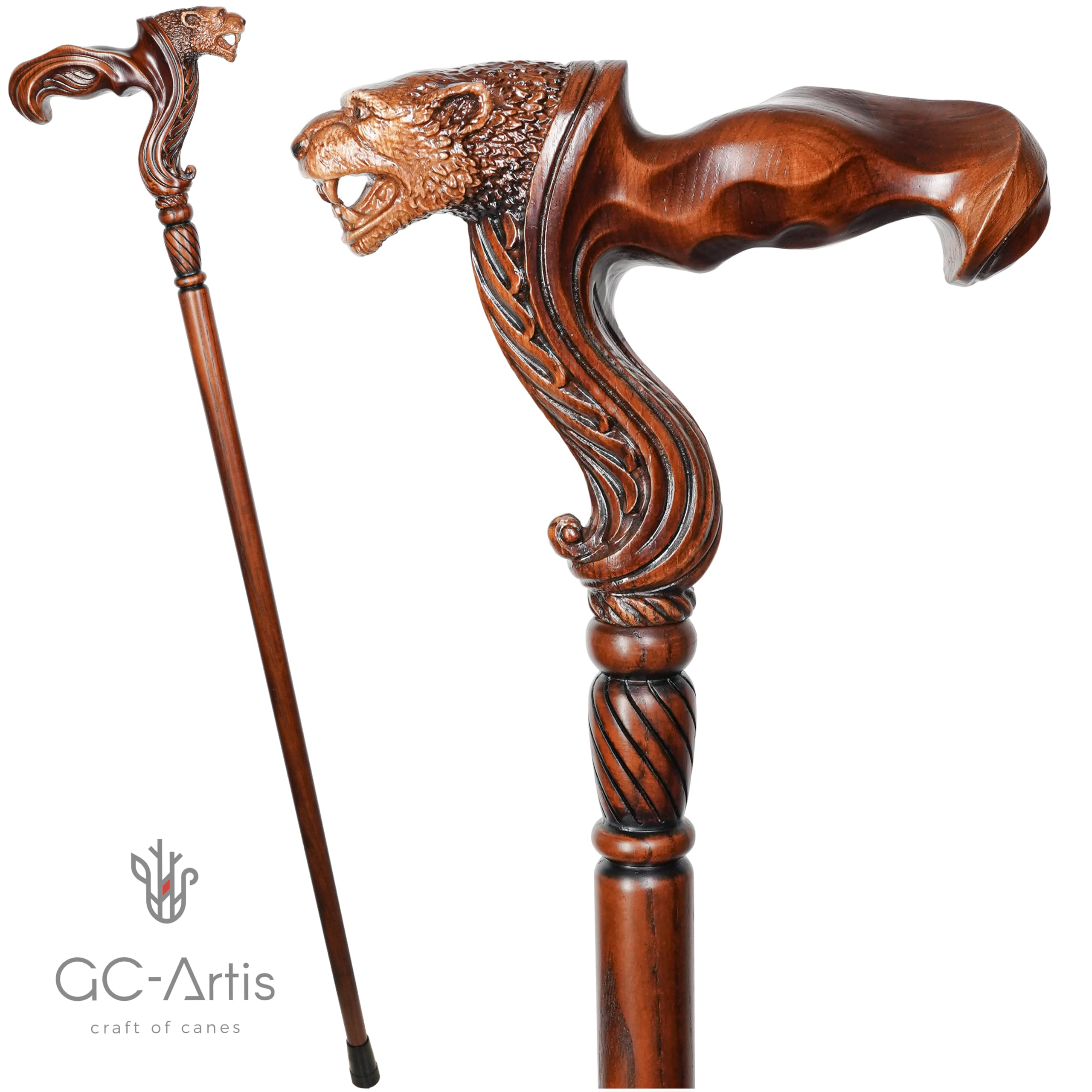 GC-Artis Jaguar Head Wooden Cane - Handmade, Ergonomic, Comfort Grip Cane - Wood Carved Canes for Men and Women - Fashionable Wooden Walking Stick - Left-Hand Version Cane 36