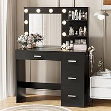 Vanity Desk with Mirror and Lights, Makeup Vanity with Storage Drawer, Power Outlet and Large Cabinet for Bedroom - Black