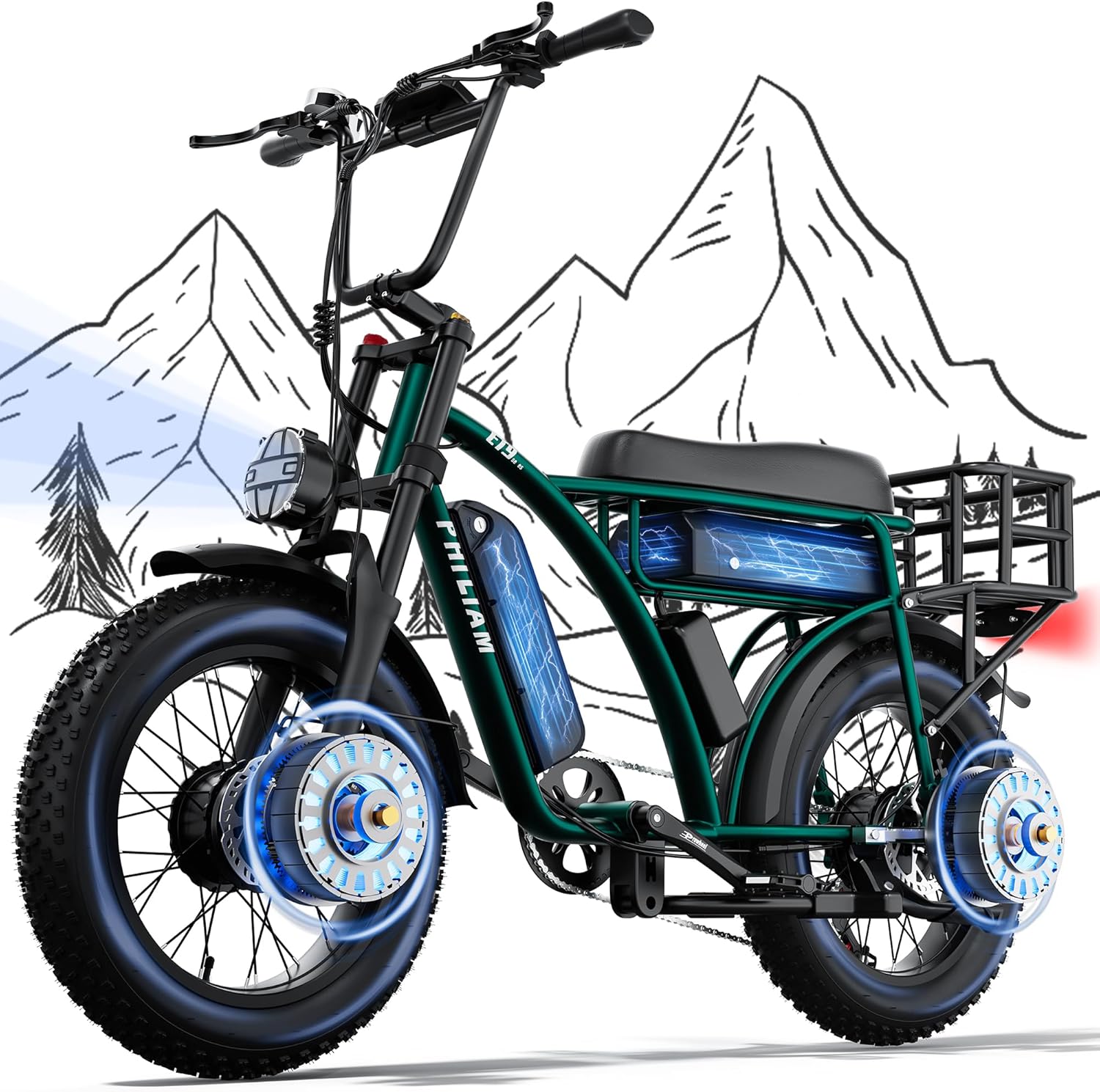 Dual Battery Electric Bike for Adults,52V50AH Long Range Cargo Electric Bicycle Up to 200 Mile,3000W Dual Motor 20"x4" Fat Tires All Terrain Ebike Max 31Mph,Hydraulic Brakes Double Seat Commuter EBike