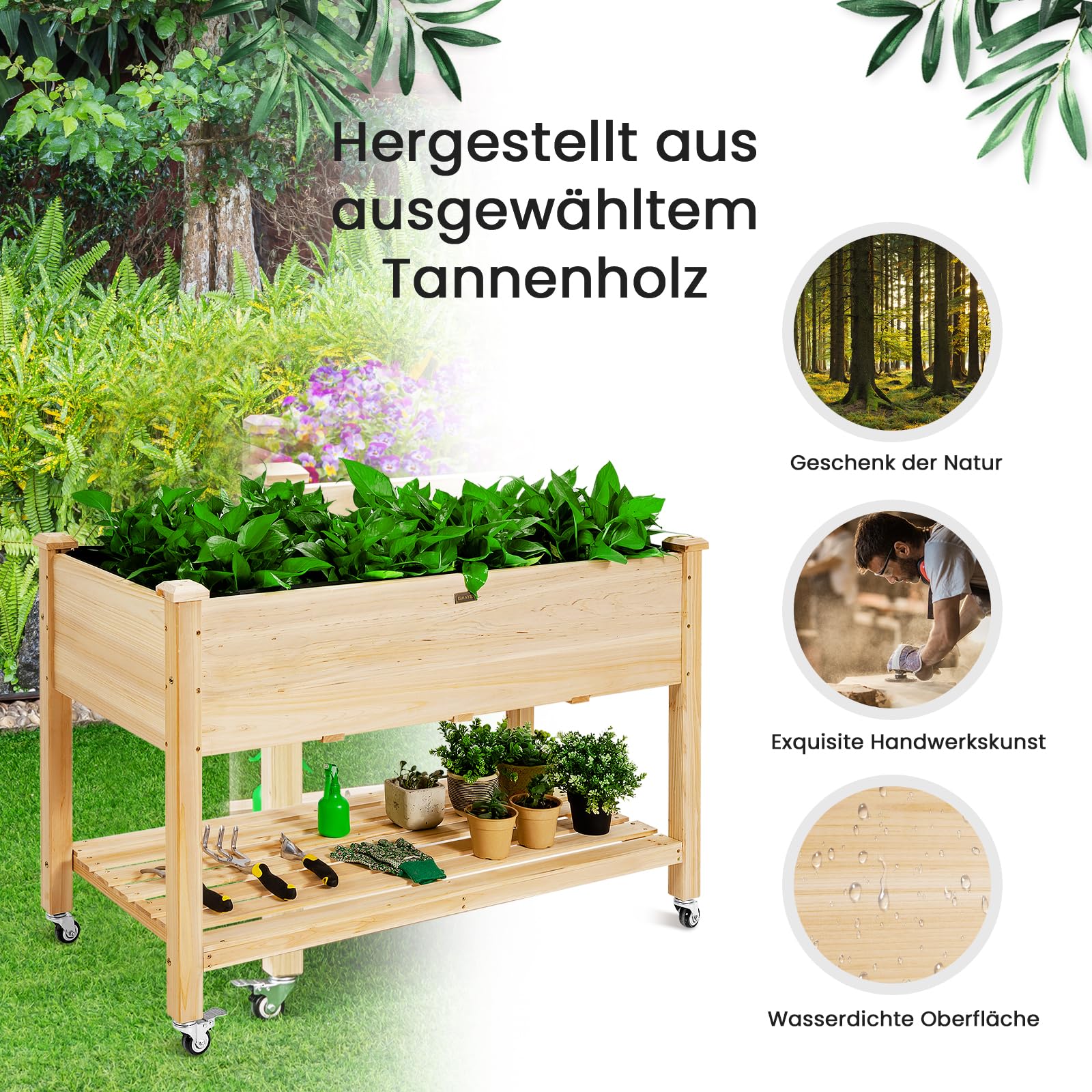 GOPLUS Hochbeet mit Rollen, Gartenbeet mit Ablage & Abflusslöcher, Pflanzbeet aus Tannenholz für Garten & Terrasse, Natur (mit Rollen, 120x59x84 cm)