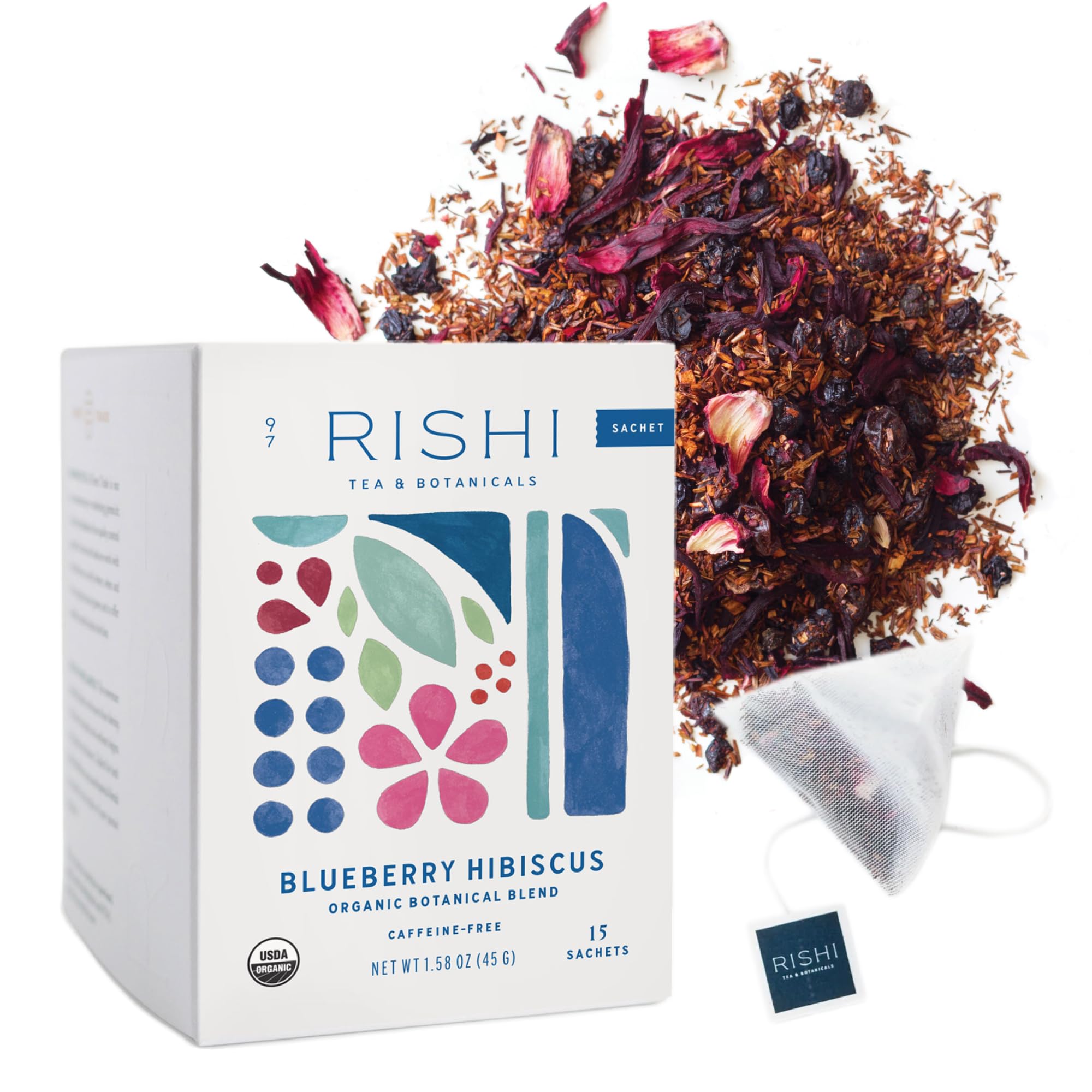 Blueberry Hibiscus Herbal Tea - Organic, Caffeine Free Sachet Bags, Sweet & Tangy with Antioxidants, Enjoy Hot or Iced - 15 Count (Pack of 1)