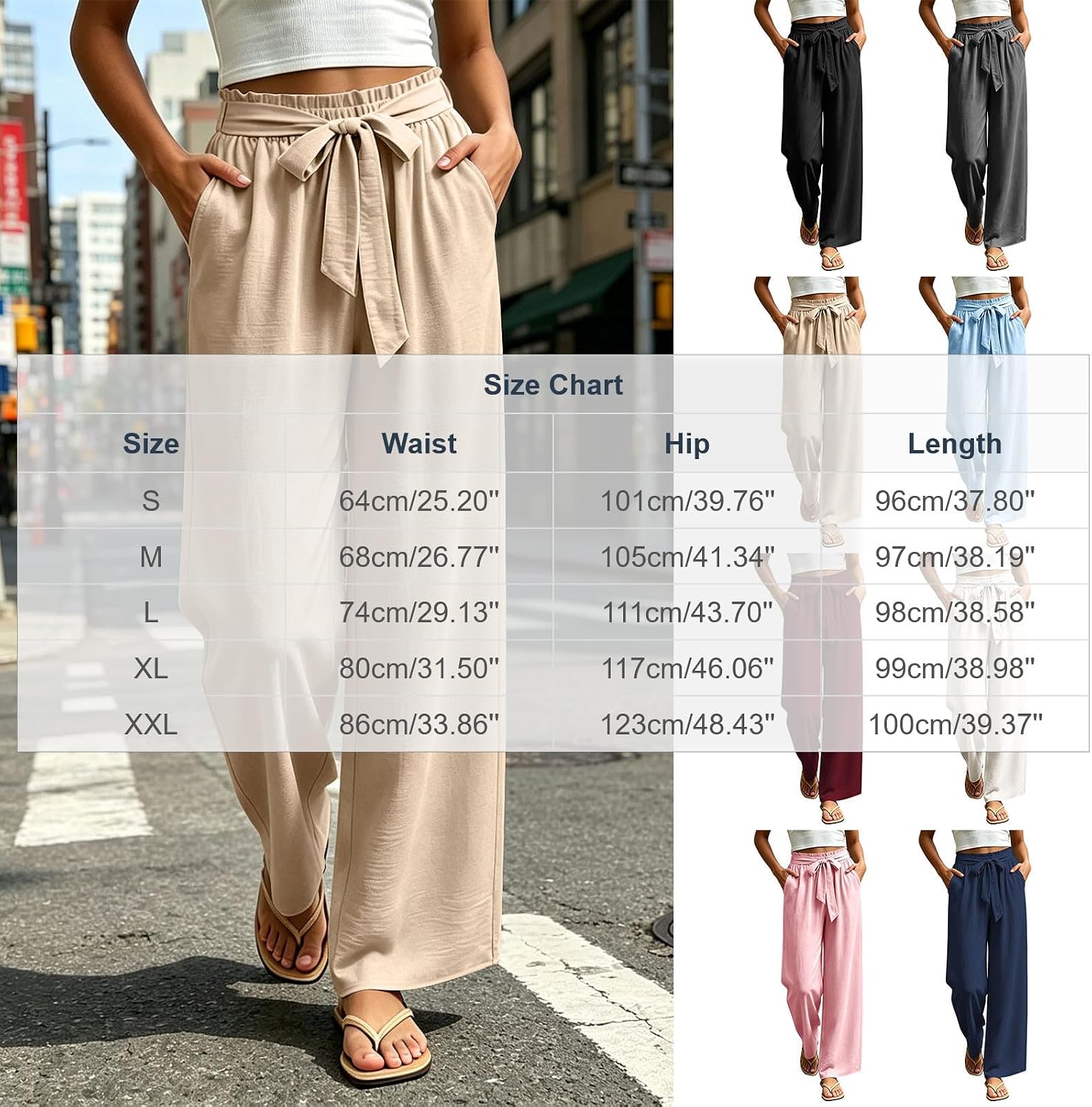 Womens Paperbag Waist Pants Bow Tie Wide Leg Loose Fit Soft Trousers Casual Vacation Beach Draped Pants with Pocket