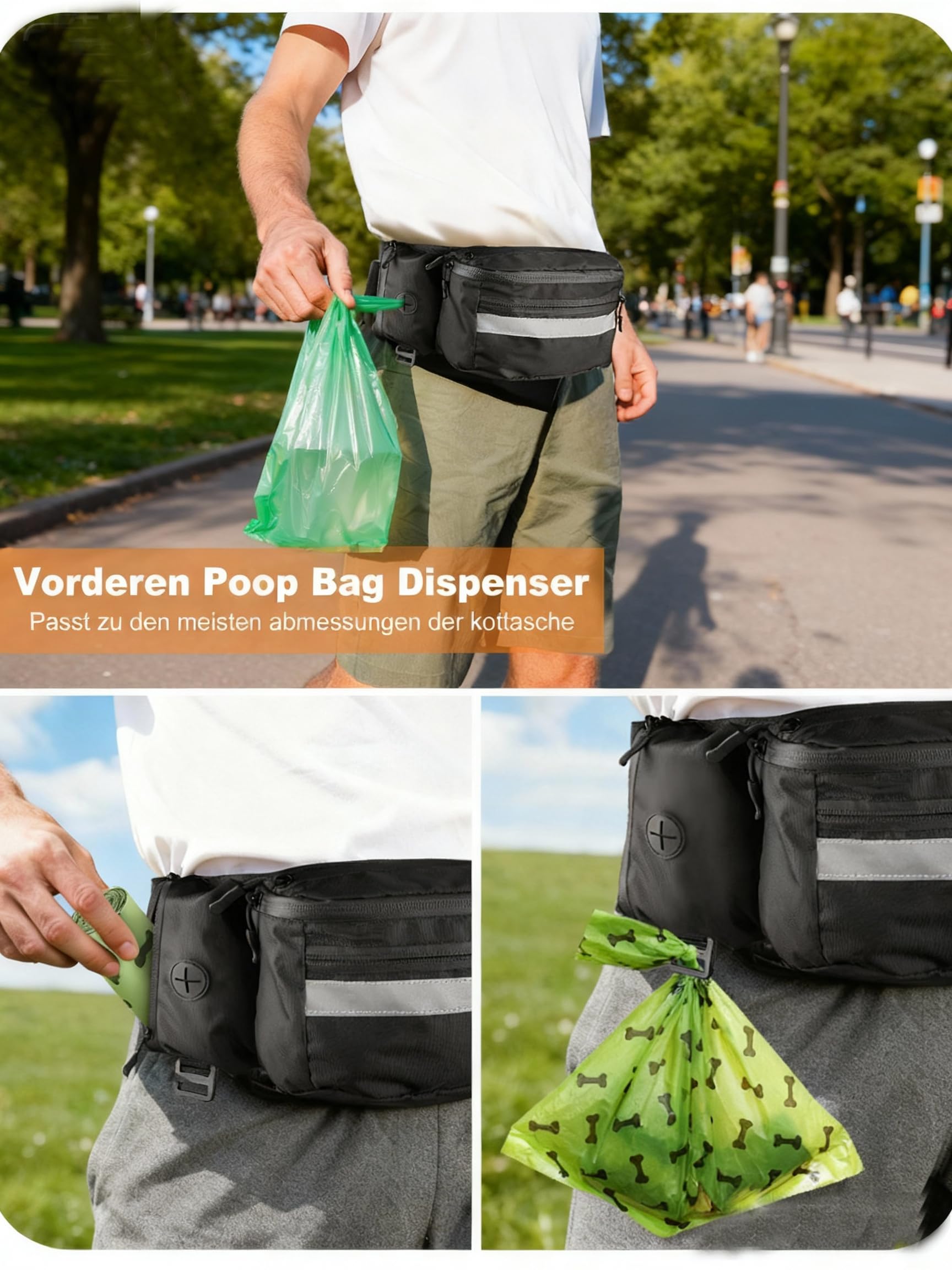 Leckerlibeutel für Hunde – Futterbeutel Hundetraining, Bauchtasche Gassi Tasche mit Abnehmbarer Innentasche, Wasserdicht, Kotbeutelspender, Reflektorband & Handyfach, Hundezubehör
