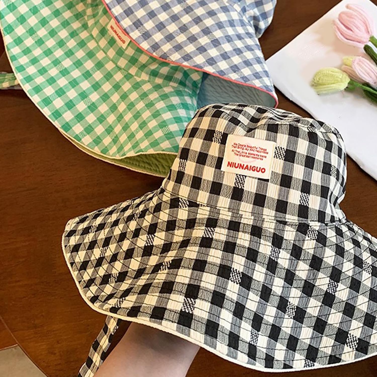Trendy Gingham Fisherman Hat with Large Brims Sun Protections Comfortable Cotton Headwear for Vacation Hiking Daily Wear Hat