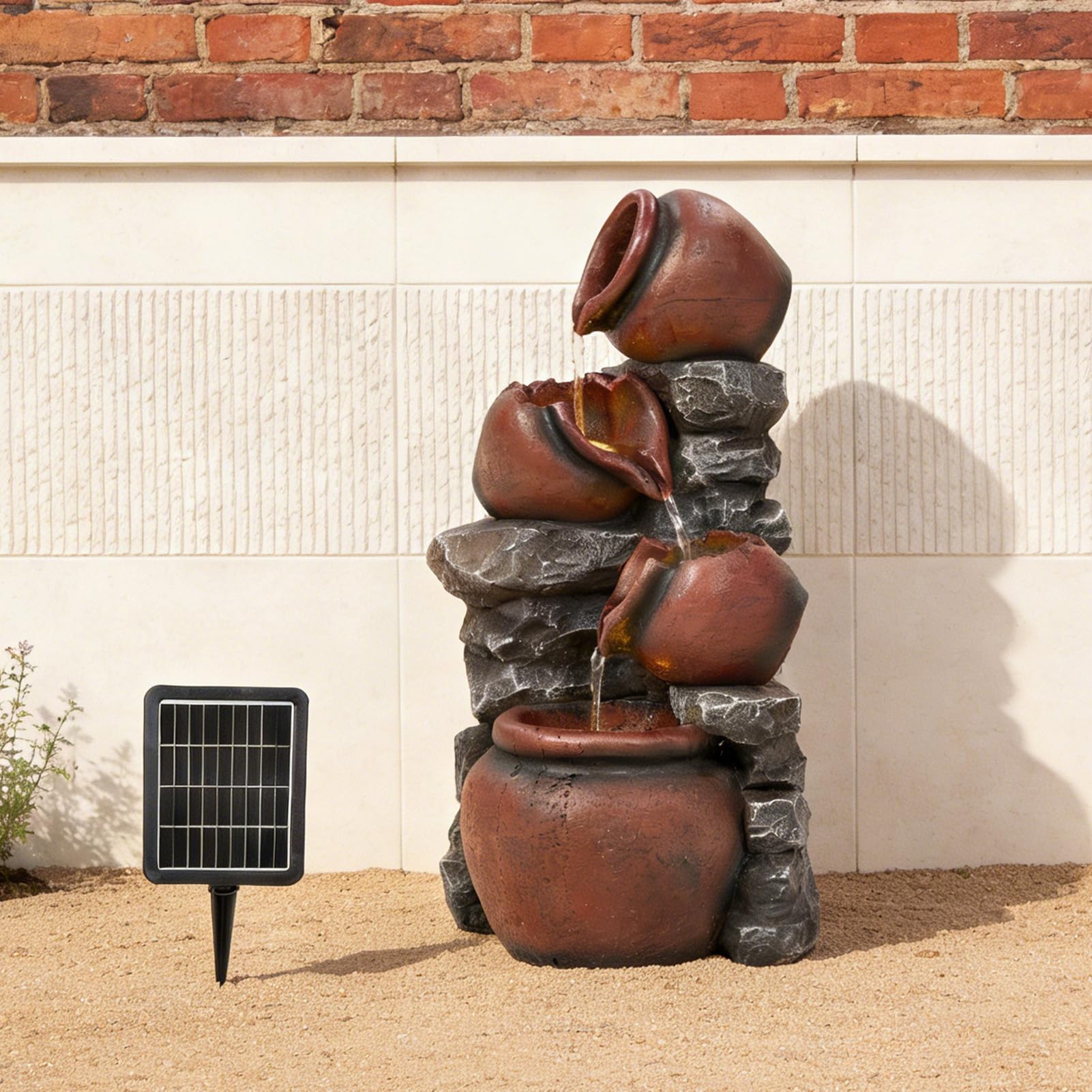 BTGGG Solar Water Fountain 56cm Brick Pottery Pot Shaped Outdoor Garden Water Feature Solar Powered Outdoor Garden Water Fountain with Lights,Decorative Solar Waterfall Decorations for Garden,Yard
