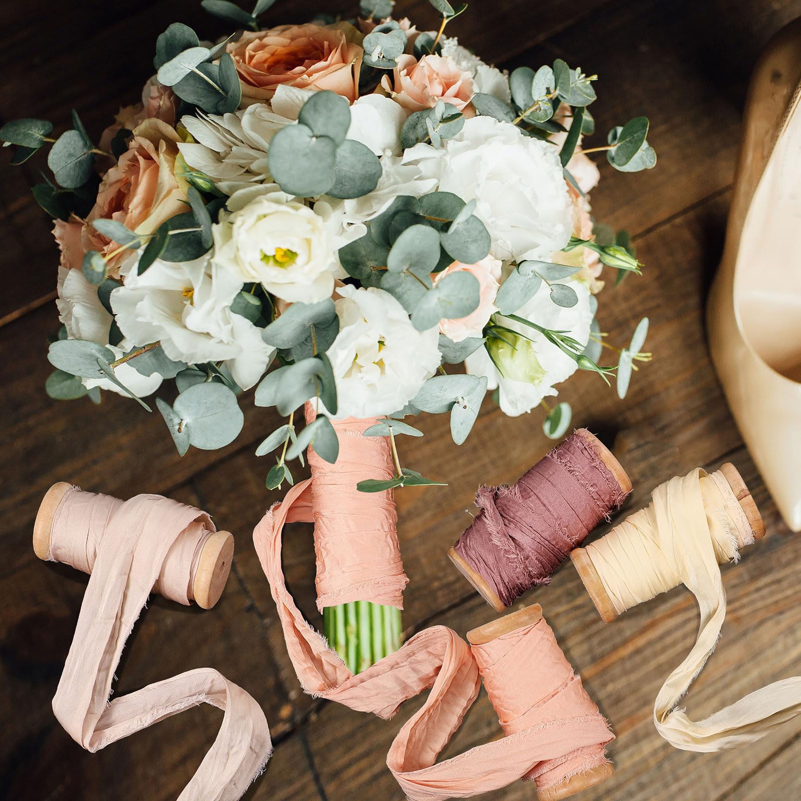 Mindsoft Seidenbänder, handgefertigt, ausgefranst, Chiffonband, 3,8 cm, mit Holzspule, handgefertigt, Shabby-Fransen, Bastelband für Geschenkverpackungen, Babyparty, Hochzeit, Brautsträuße