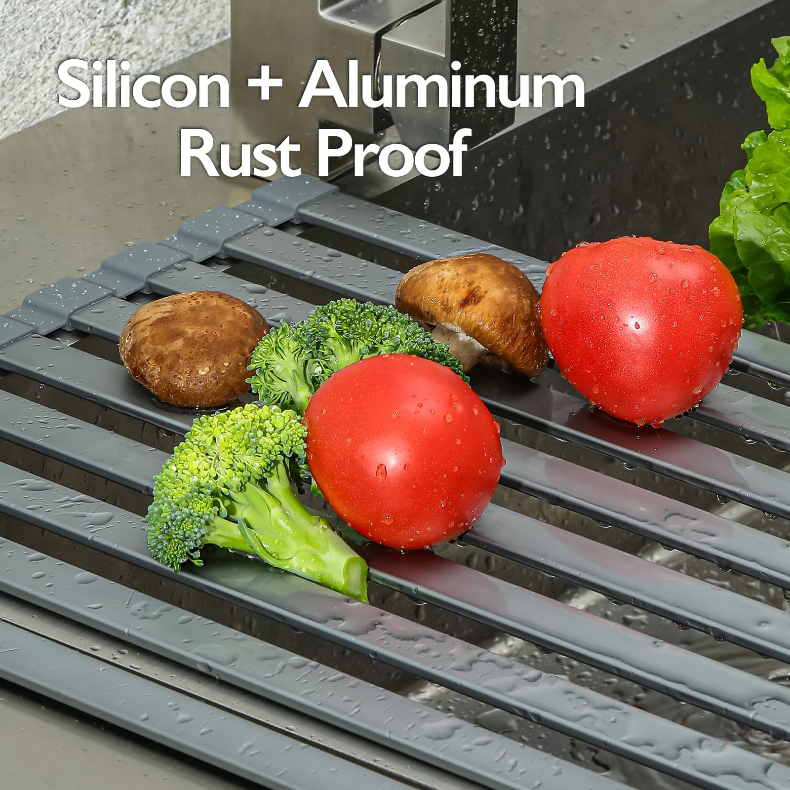 Mistifi Escurridor grande enrollable para secar platos, sobre el fregadero, cubierta para fregadero, accesorios para fregadero de cocina, escurridor de aluminio enrollable, plegable, enrollable