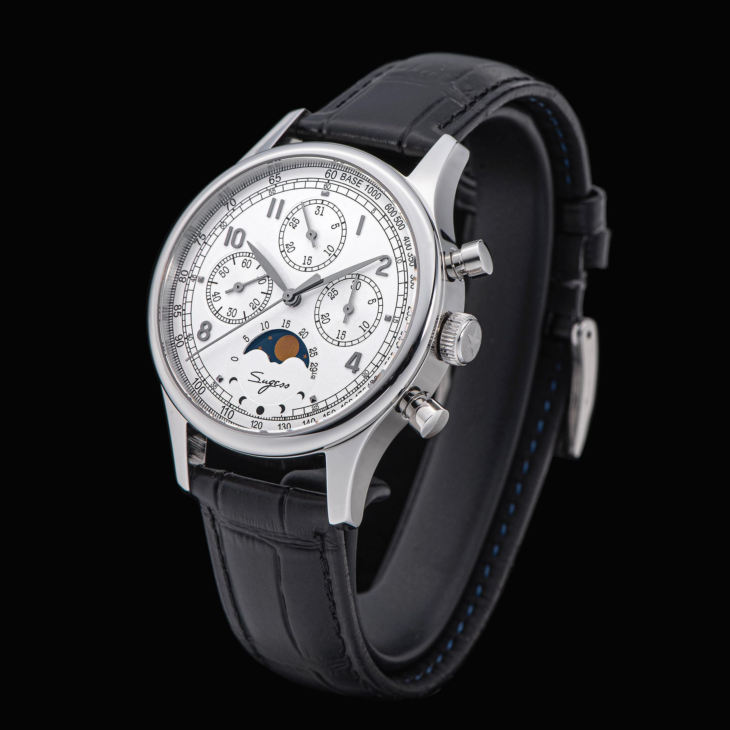 S389-2.01 MoonPhase Master Gold Schwanenhals Version Möwe ST1908 Uhrwerk Saphirglas Herren Chronograph Mechanische Herrenuhr 1963, weiß, Armband