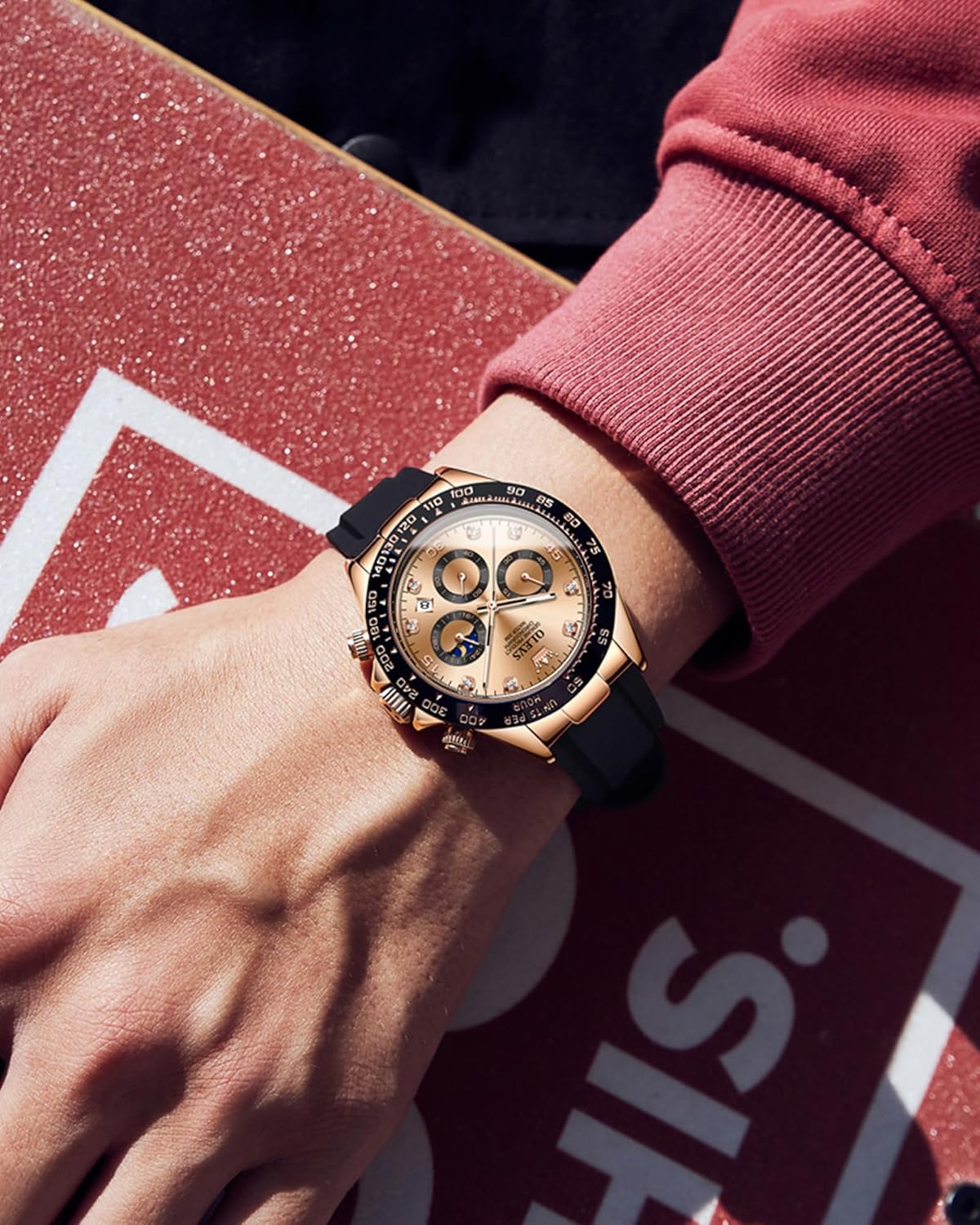 OLEVS Men Analog Quartz Waterproof Watches Multifunction Chronograph Diamond Moon Phase Luminous Silicone Band Wrist Watches - Image 5