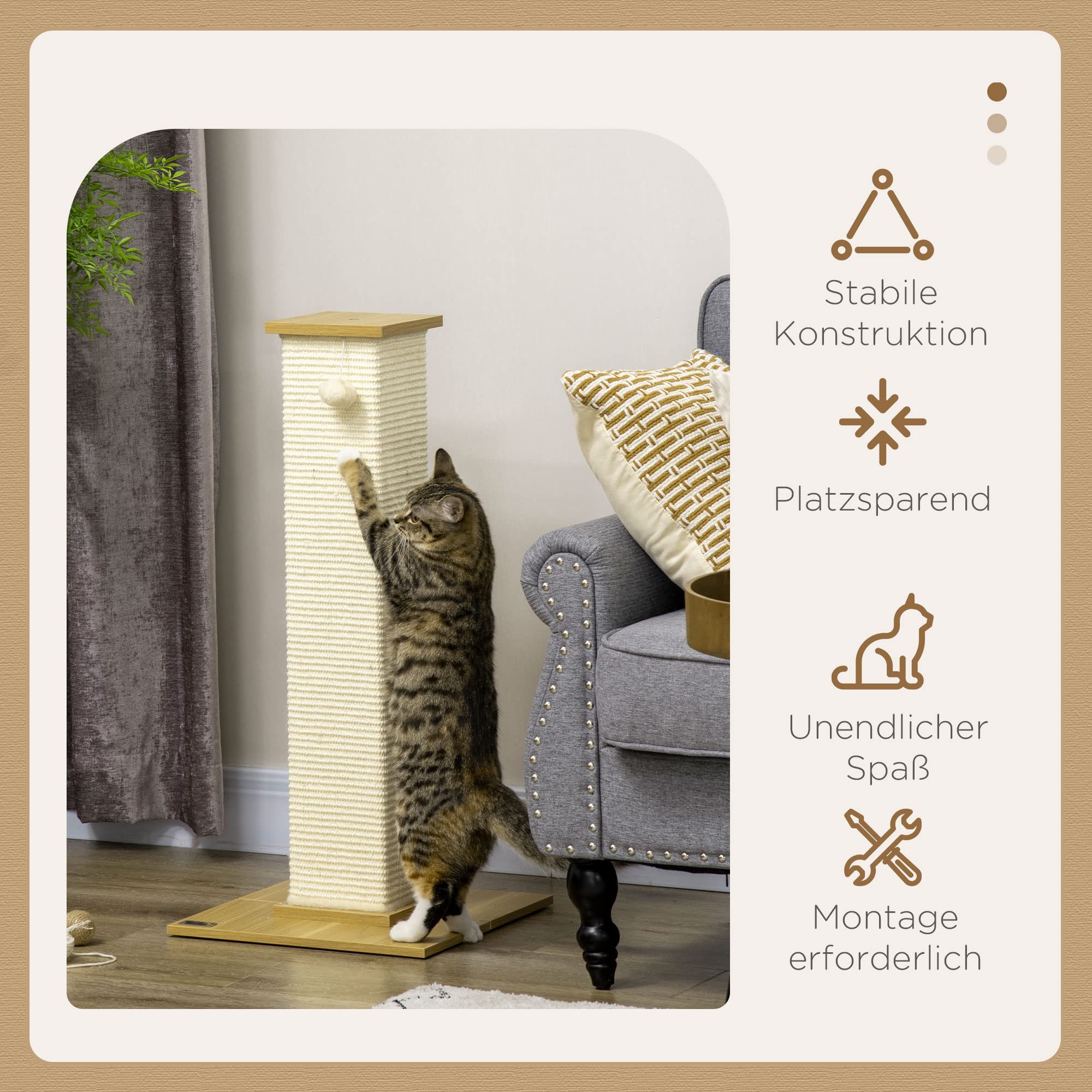PawHut Kratzsäule 80 cm hoch für Katzen bis 5 kg Sisalseil Eiche+Cremeweiß | Kratzstamm, Kratzbaum, Spielball, Kratzbrett