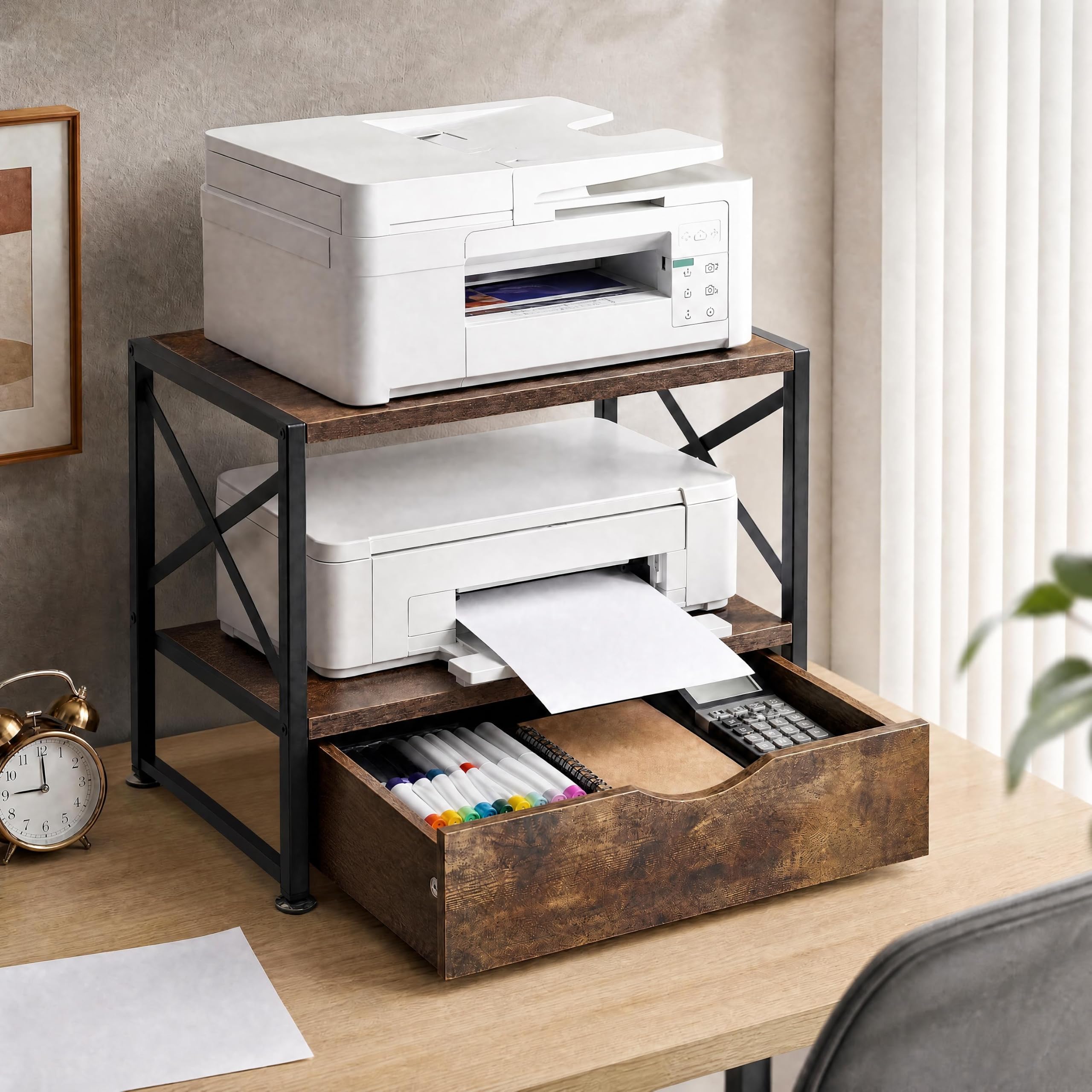 Panana 2 Tier Desktop Printer Stand, Printer Table with Storage Drawer | Multi-purpose Wooden Desk Organizer for Fax Machine,Scanner, Home Office,44 x 29 x 34cm, Rustic Brown