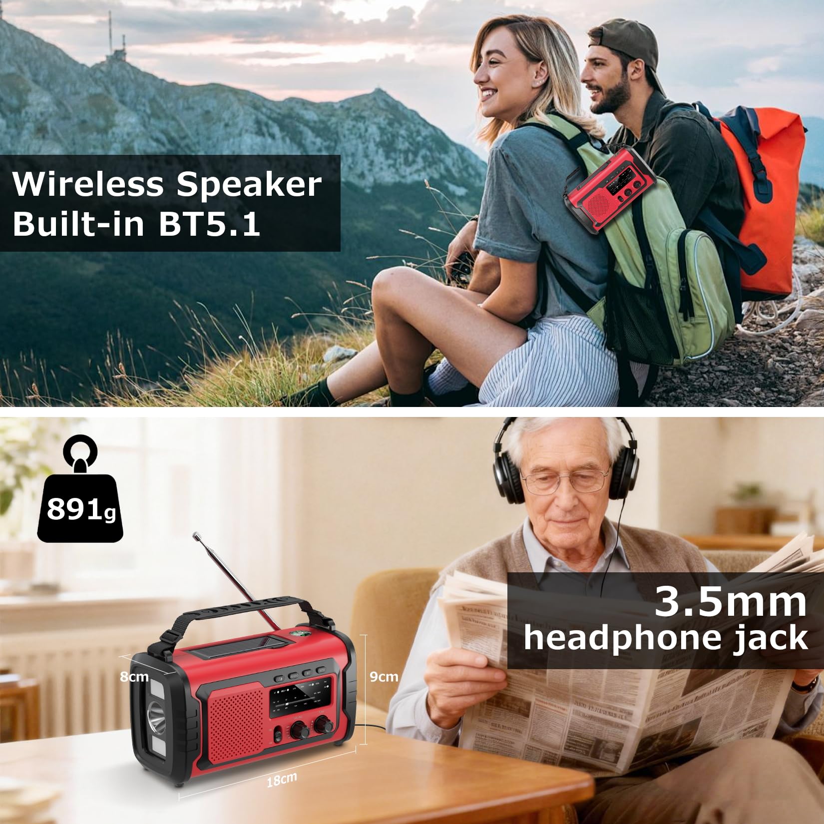 Kurbelradio 27000mAh, Notfallradio Solar Kurbel FM/AM Mit Bluetooth, SOS Alarm Emergency Radio, Kurbel Radio Mit Drahtlosen Lautsprechern und Kopfhöreranschluss (Armeegrün)